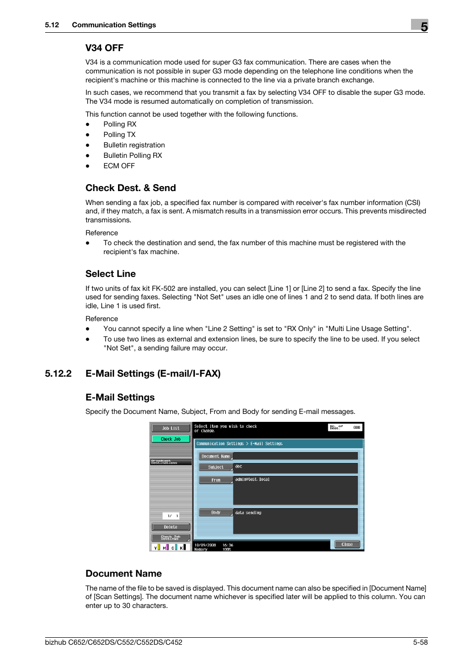 V34 off, Check dest. & send, Select line | 2 e-mail settings (e-mail/i-fax), E-mail settings, Document name, V34 off -58 check dest. & send -58 select line -58, P. 5-58), Ne (p. 5-58), 2 e-mail settings (e-mail/i-fax) e-mail settings | Konica Minolta BIZHUB C652DS User Manual | Page 108 / 294