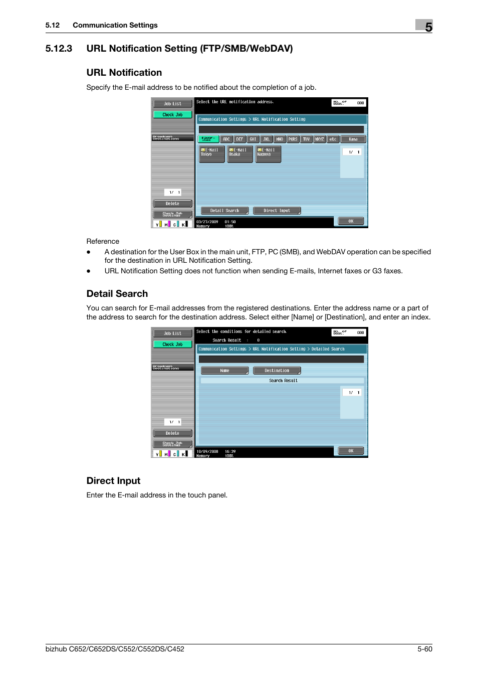 3 url notification setting (ftp/smb/webdav), Url notification, Detail search | Direct input, P. 5-60) | Konica Minolta BIZHUB C652DS User Manual | Page 110 / 294