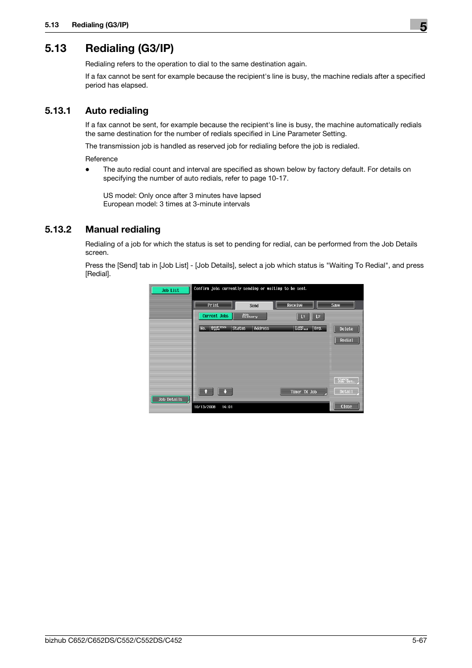 13 redialing (g3/ip), 1 auto redialing, 2 manual redialing | Redialing (g3/ip) -67, Auto redialing -67, Manual redialing -67 | Konica Minolta BIZHUB C652DS User Manual | Page 117 / 294