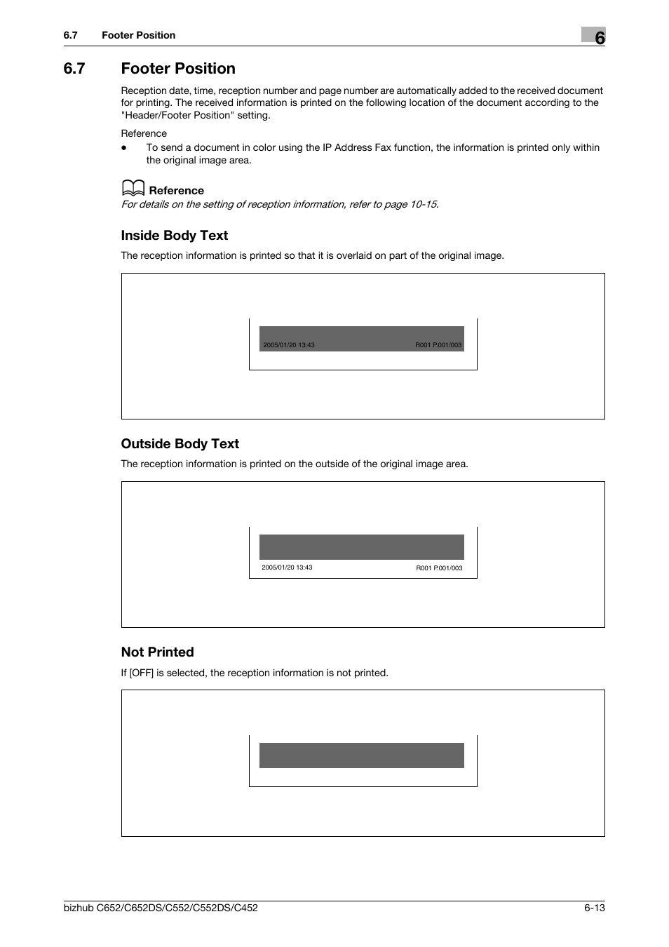 7 footer position, Inside body text, Outside body text | Not printed | Konica Minolta BIZHUB C652DS User Manual | Page 131 / 294