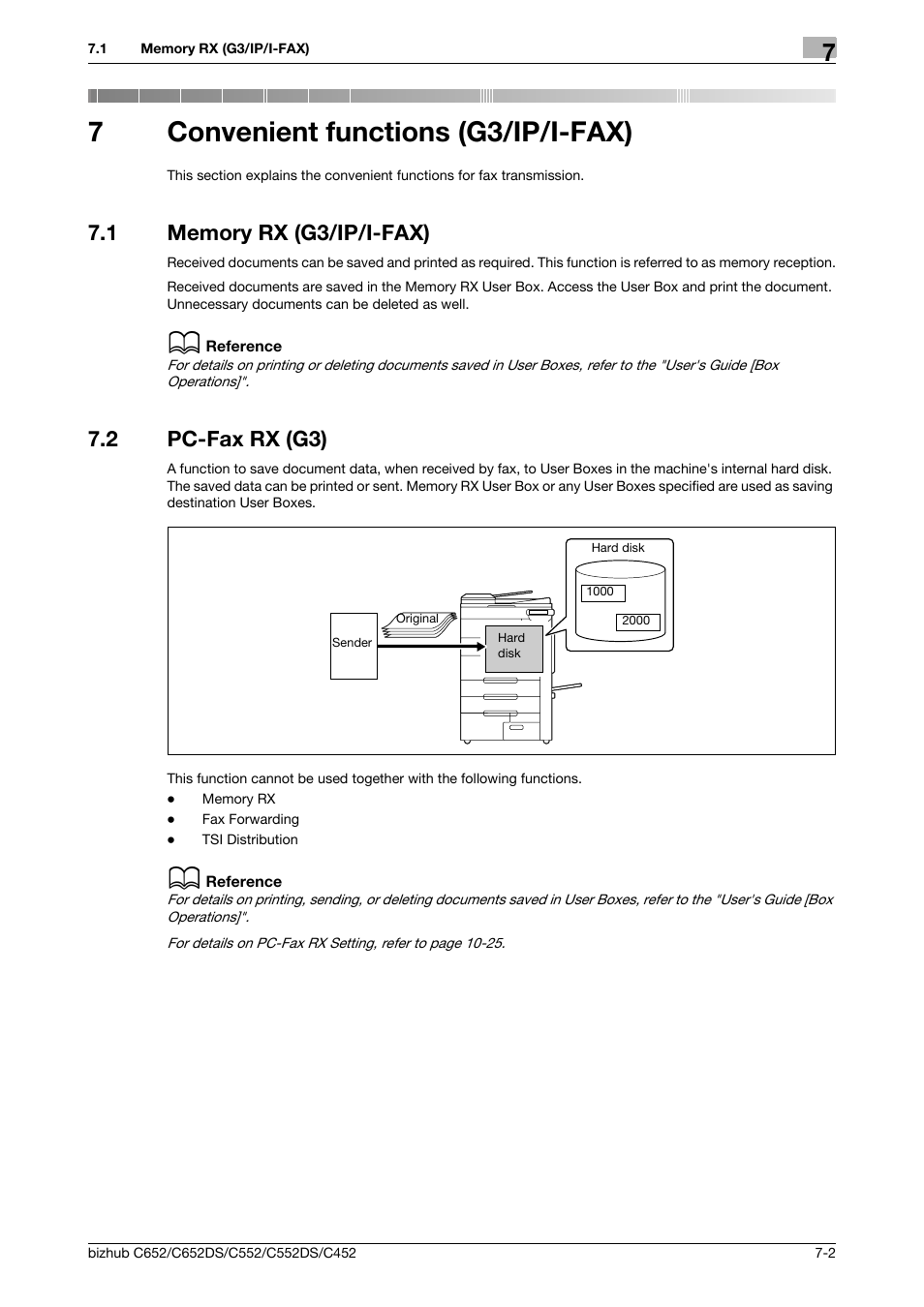 7 convenient functions (g3/ip/i-fax), 1 memory rx (g3/ip/i-fax), 2 pc-fax rx (g3) | Convenient functions (g3/ip/i-fax), Memory rx (g3/ip/i-fax) -2, Pc-fax rx (g3) -2, 7convenient functions (g3/ip/i-fax) | Konica Minolta BIZHUB C652DS User Manual | Page 133 / 294