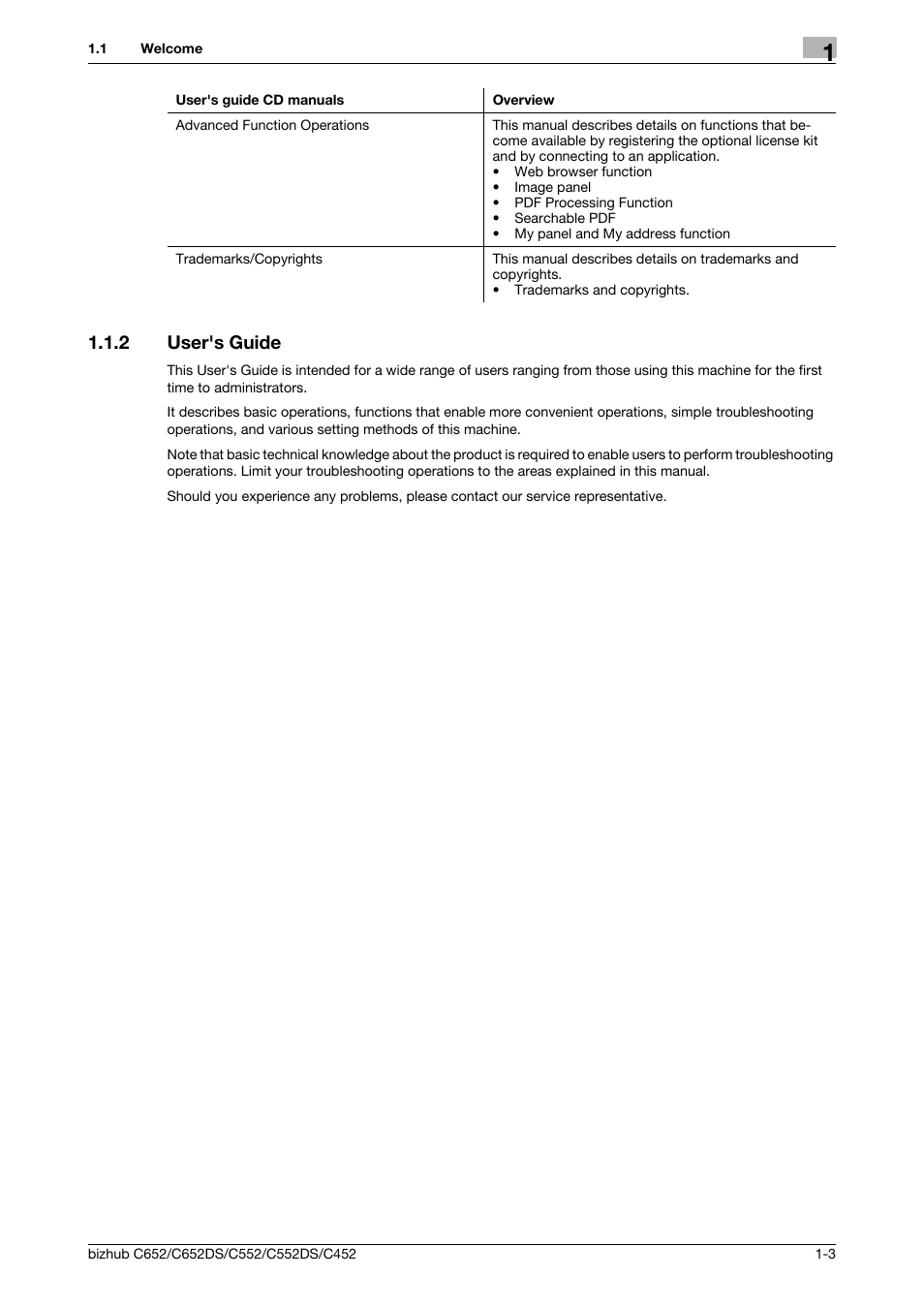 2 user's guide, User's guide -3 | Konica Minolta BIZHUB C652DS User Manual | Page 14 / 294