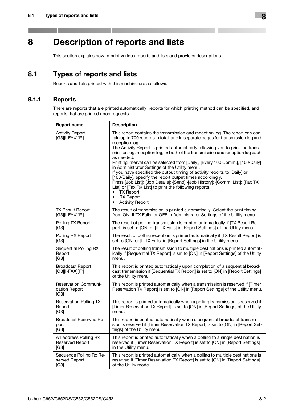 8 description of reports and lists, 1 types of reports and lists, 1 reports | Description of reports and lists, Types of reports and lists -2, Reports -2, 8description of reports and lists | Konica Minolta BIZHUB C652DS User Manual | Page 141 / 294