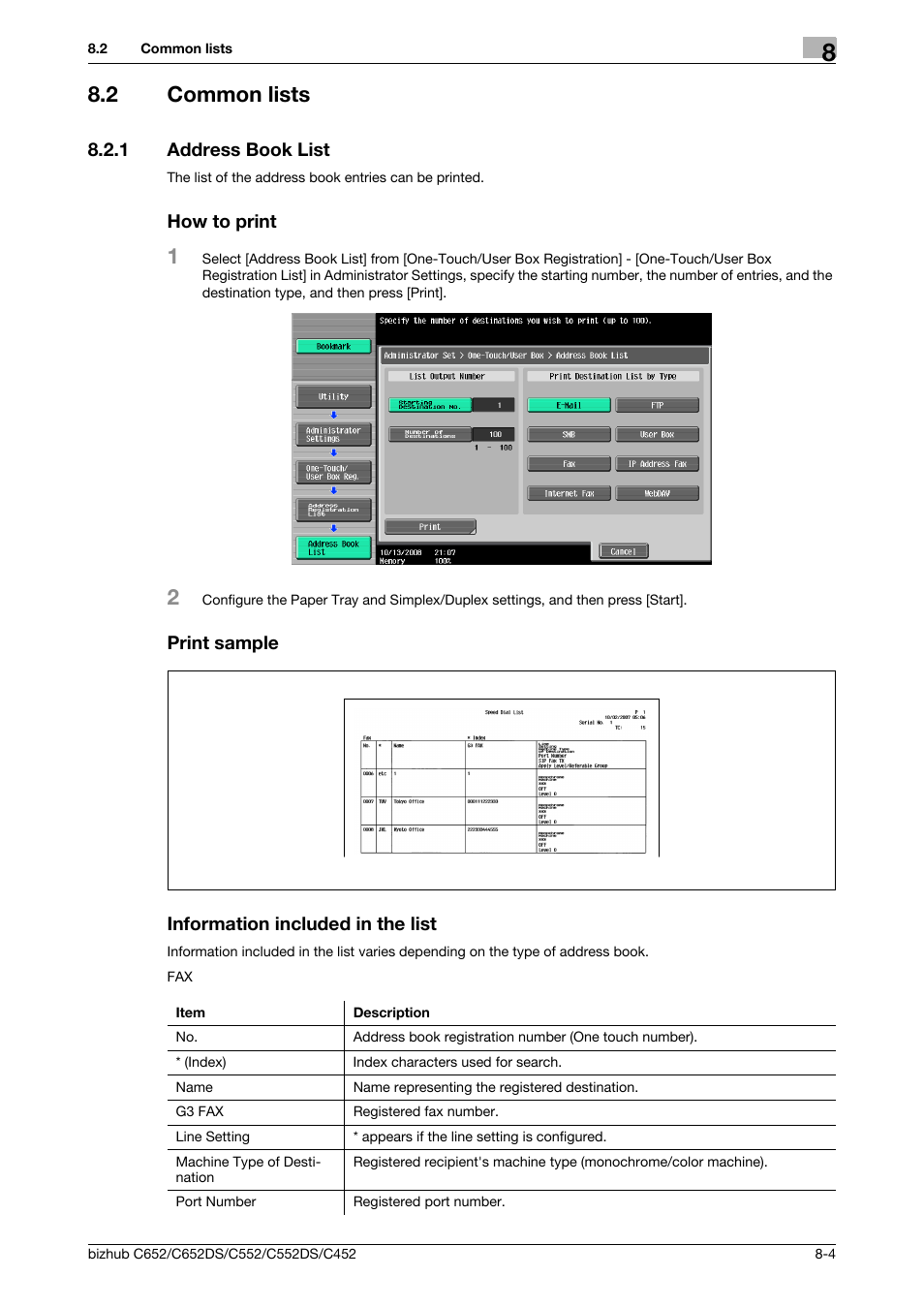 2 common lists, 1 address book list, How to print | Print sample, Information included in the list, Common lists -4 | Konica Minolta BIZHUB C652DS User Manual | Page 143 / 294