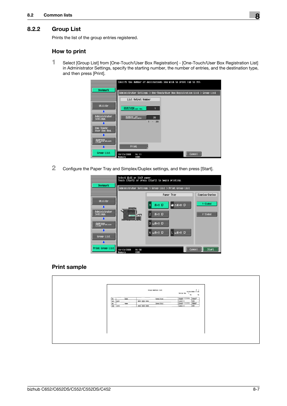 2 group list, How to print, Print sample | Group list -7 how to print -7 print sample -7 | Konica Minolta BIZHUB C652DS User Manual | Page 146 / 294