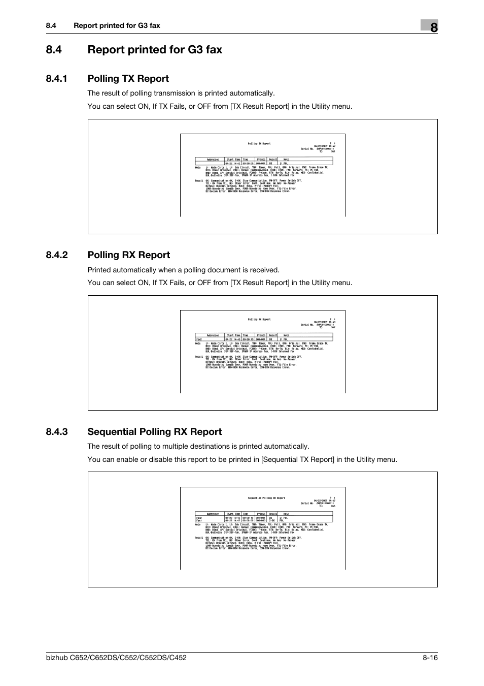 4 report printed for g3 fax, 1 polling tx report, 2 polling rx report | 3 sequential polling rx report, Report printed for g3 fax -16, Polling tx report -16, Polling rx report -16, Sequential polling rx report -16 | Konica Minolta BIZHUB C652DS User Manual | Page 155 / 294