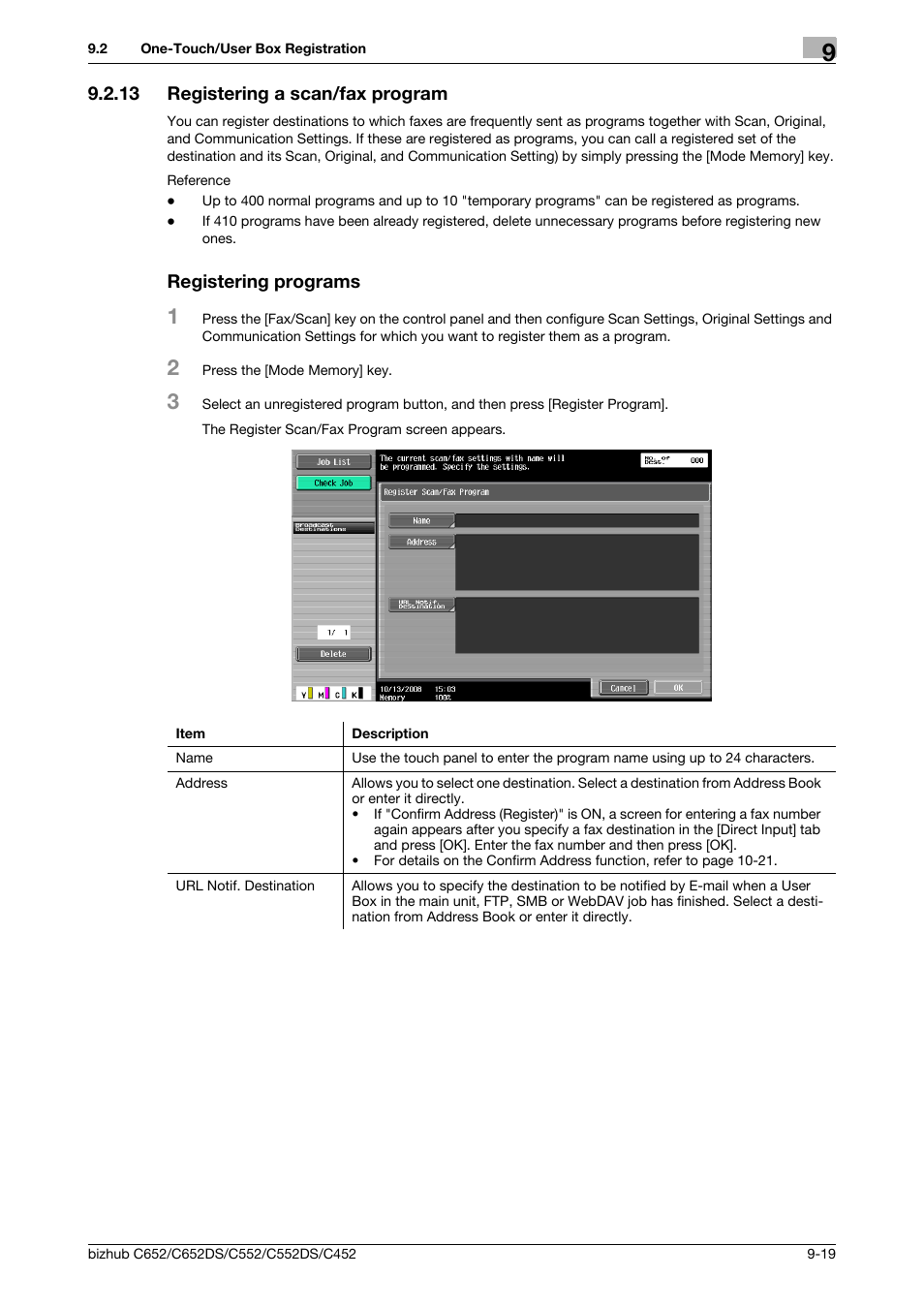 13 registering a scan/fax program, Registering programs, P. 9-19) | Konica Minolta BIZHUB C652DS User Manual | Page 182 / 294