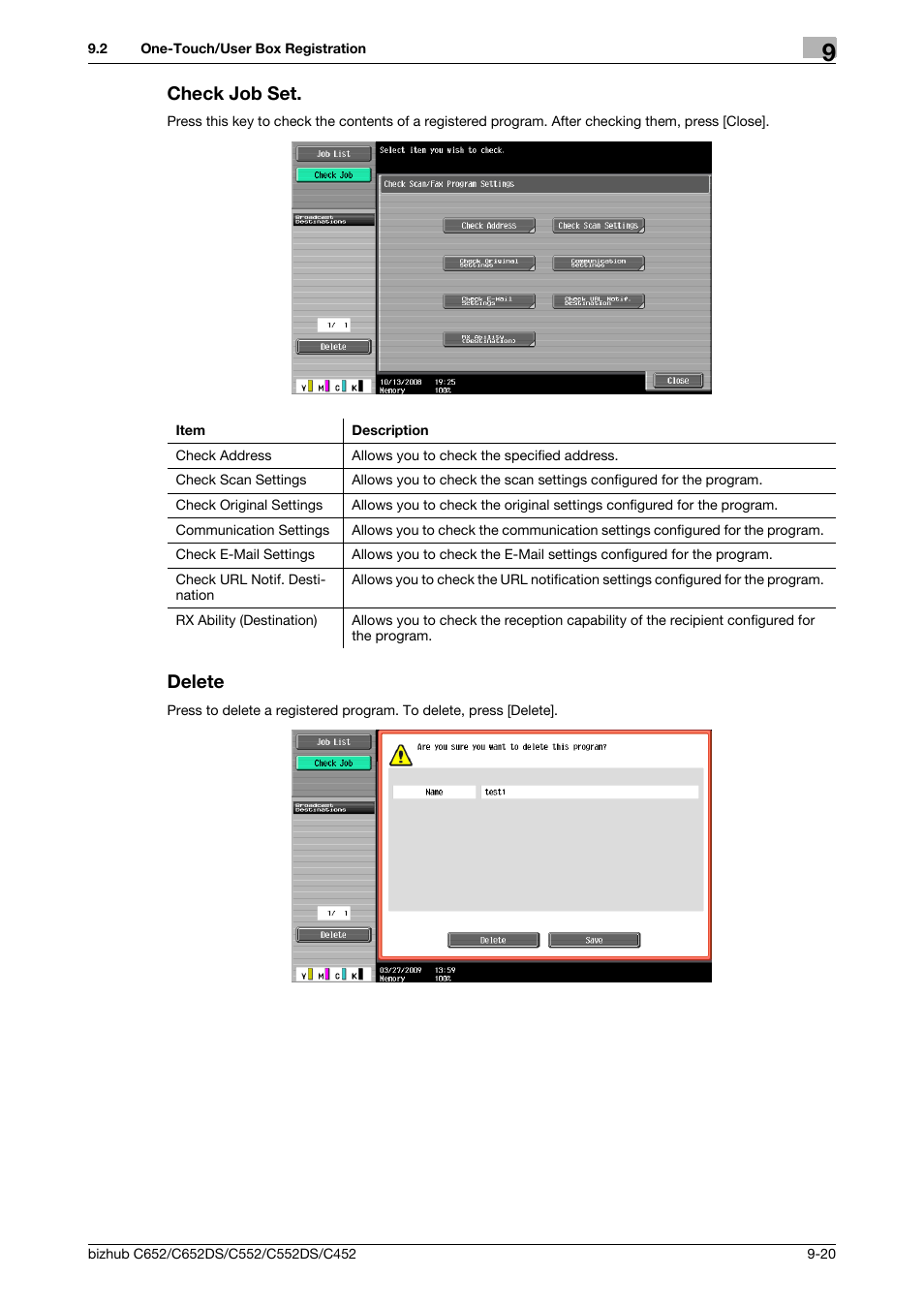 Check job set, Delete, Check job set -20 delete -20 | Ttings (p. 9-20), P. 9-20) | Konica Minolta BIZHUB C652DS User Manual | Page 183 / 294