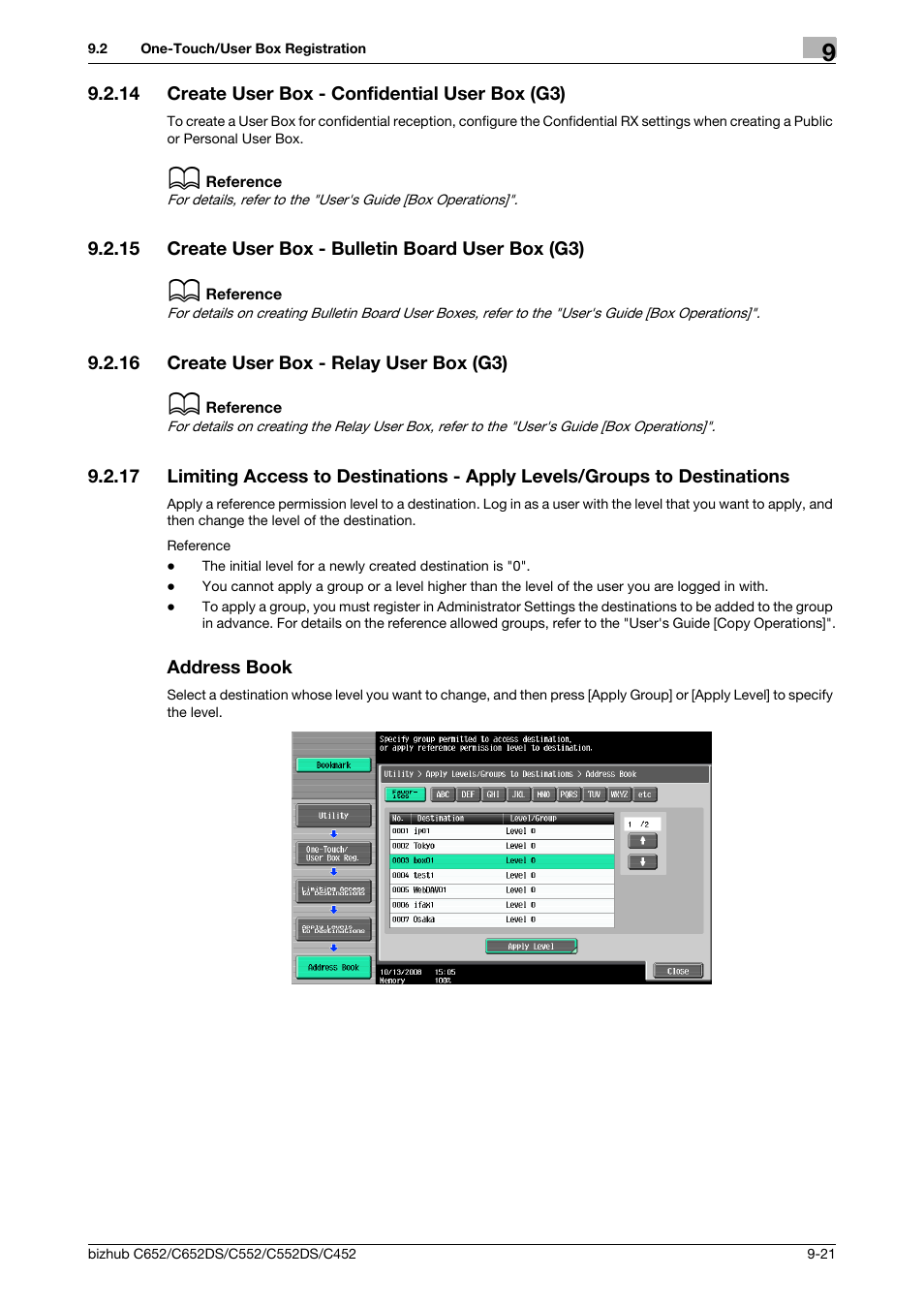 14 create user box - confidential user box (g3), 15 create user box - bulletin board user box (g3), 16 create user box - relay user box (g3) | Address book, Create user box - confidential user box (g3) -21, Create user box - bulletin board user box (g3) -21, Create user box - relay user box (g3) -21, P. 9-21), Address book (p. 9-21) | Konica Minolta BIZHUB C652DS User Manual | Page 184 / 294