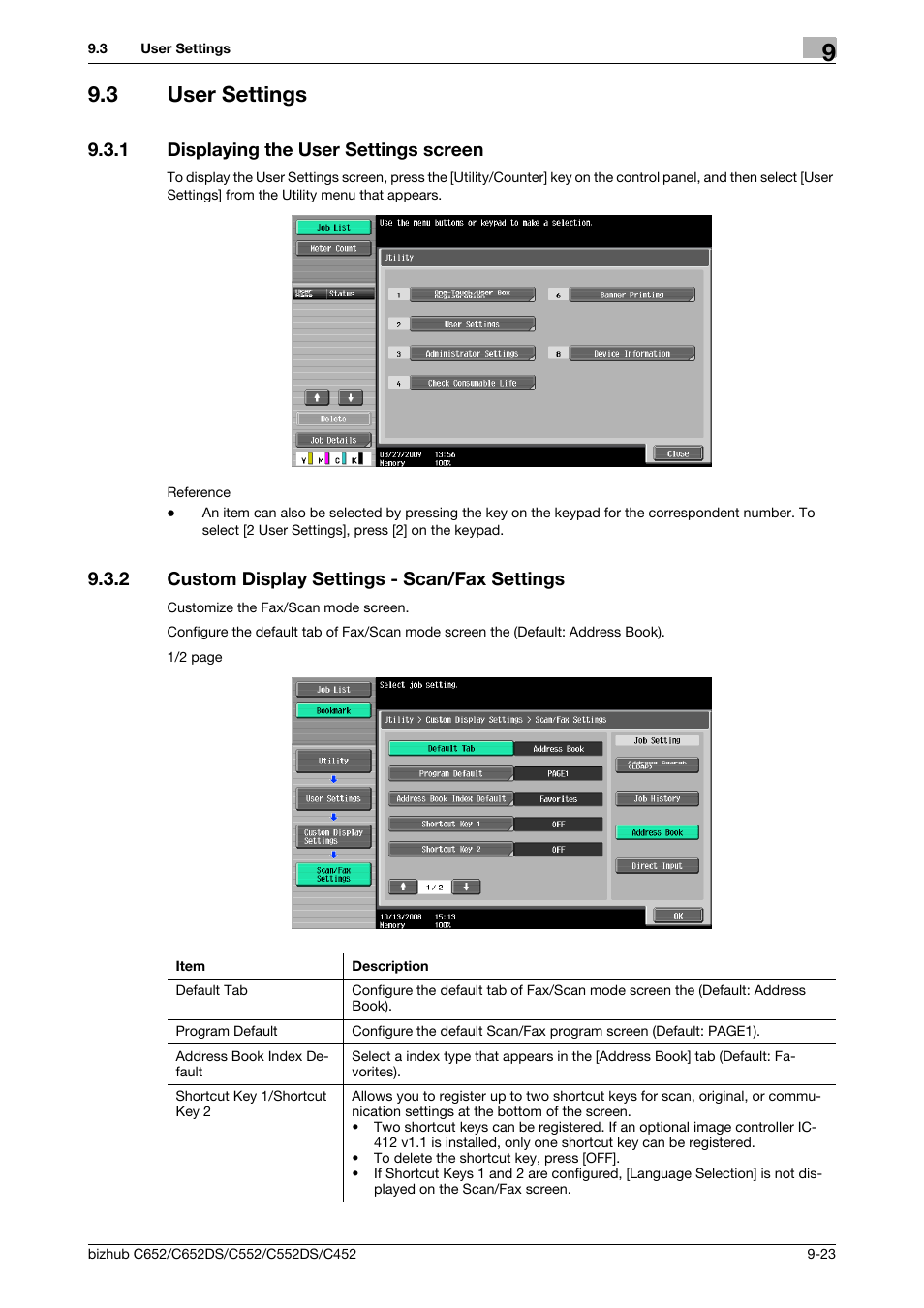 3 user settings, 1 displaying the user settings screen, 2 custom display settings - scan/fax settings | User settings -23, Displaying the user settings screen -23, Custom display settings - scan/fax settings -23, P. 9-23) | Konica Minolta BIZHUB C652DS User Manual | Page 186 / 294