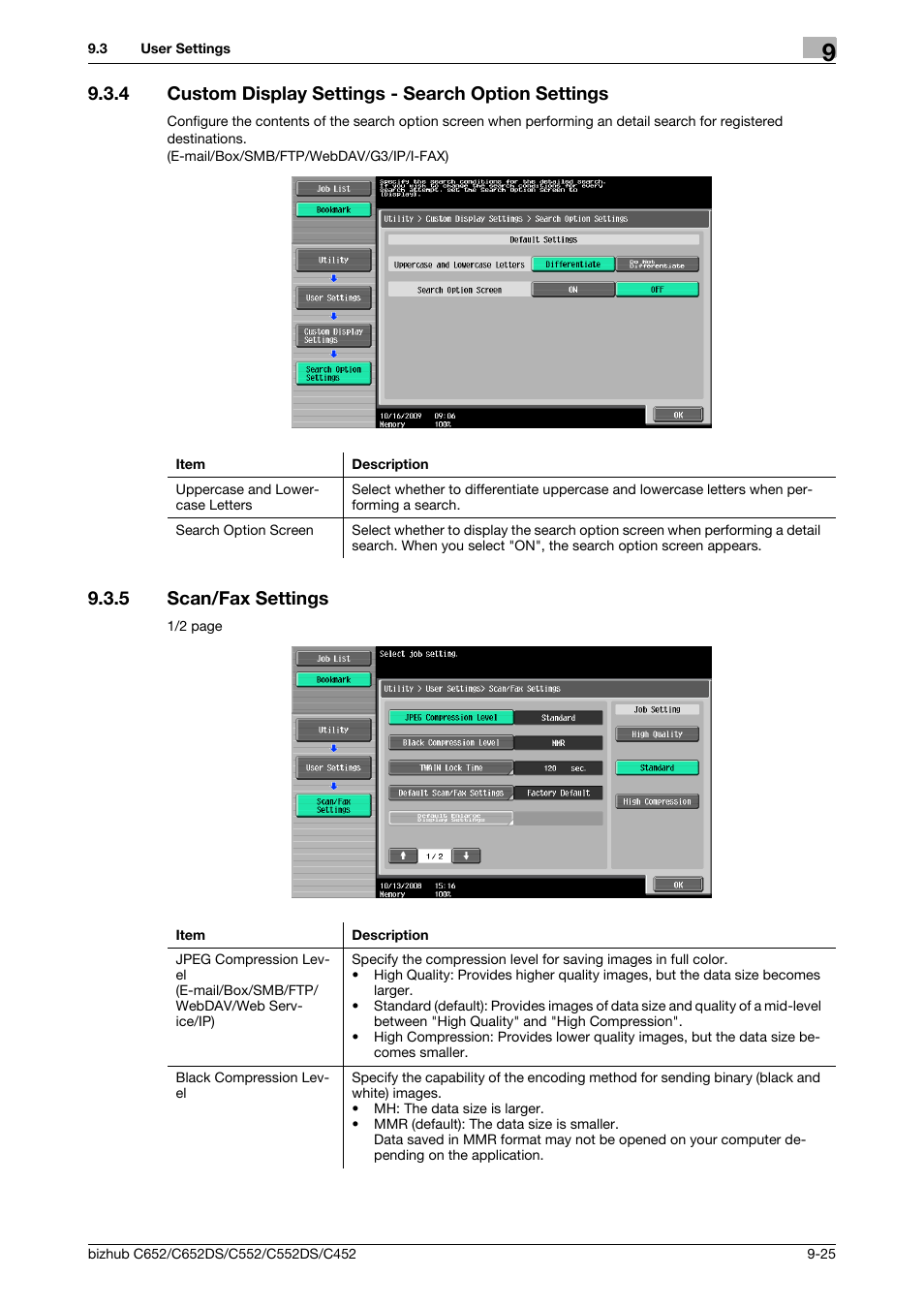 4 custom display settings - search option settings, 5 scan/fax settings, Scan/fax settings -25 | Ings (p. 9-25), Ngs (p. 9-25) | Konica Minolta BIZHUB C652DS User Manual | Page 188 / 294