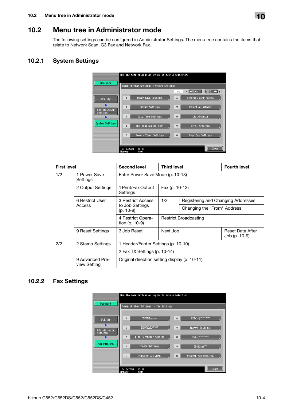 2 menu tree in administrator mode, 1 system settings, 2 fax settings | Menu tree in administrator mode -4, System settings -4, Fax settings -4 | Konica Minolta BIZHUB C652DS User Manual | Page 193 / 294