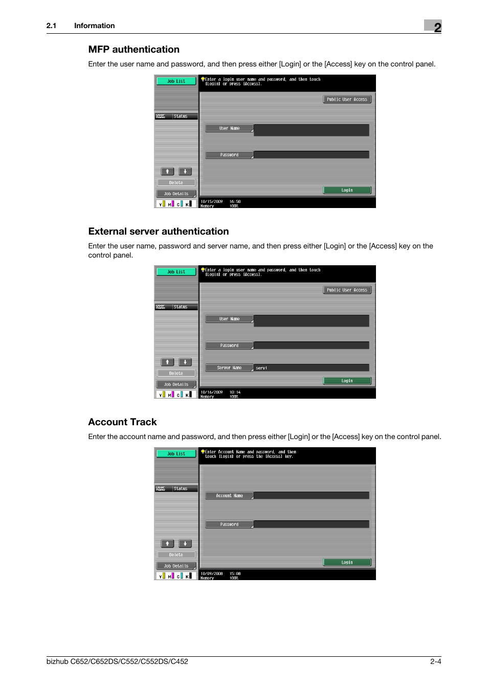 Mfp authentication, External server authentication, Account track | Konica Minolta BIZHUB C652DS User Manual | Page 20 / 294