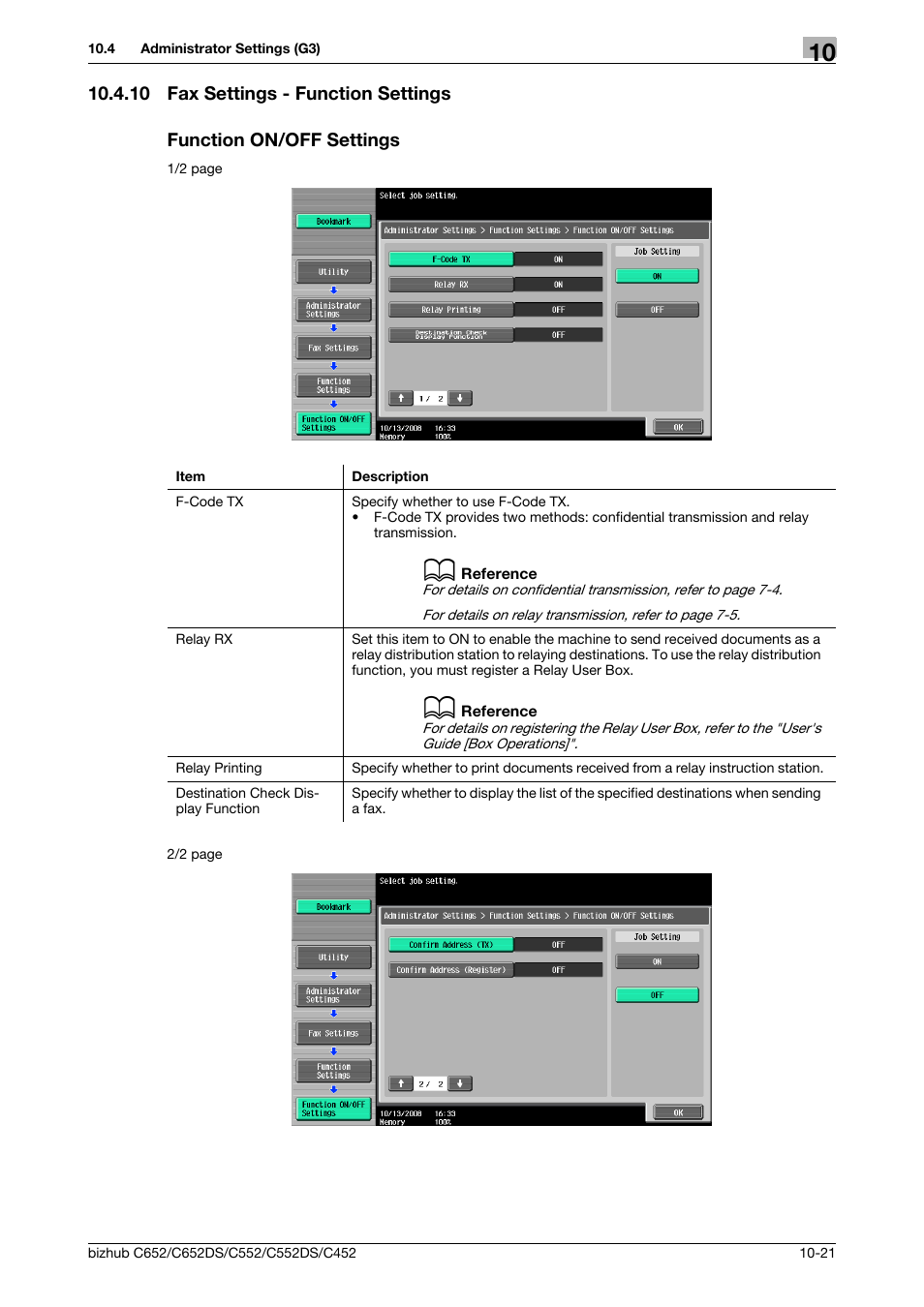 10 fax settings - function settings, Function on/off settings, P. 10-21) | Konica Minolta BIZHUB C652DS User Manual | Page 210 / 294