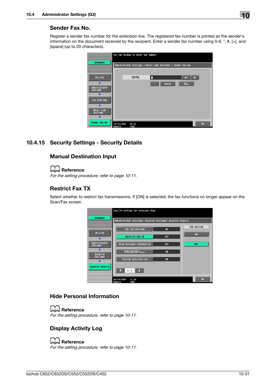 Sender fax no, 15 security settings - security details, Manual destination input | Restrict fax tx, Hide personal information, Display activity log, Sender fax no -31, Fax no. (p. 10-31) | Konica Minolta BIZHUB C652DS User Manual | Page 220 / 294