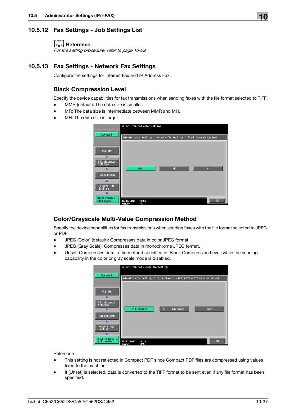 12 fax settings - job settings list, 13 fax settings - network fax settings, Black compression level | Color/grayscale multi-value compression method, Fax settings - job settings list -37, L (p. 10-37), E compression method (p. 10-37) | Konica Minolta BIZHUB C652DS User Manual | Page 226 / 294