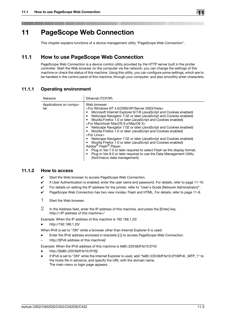1 operating environment, 2 how to access, Operating environment -2 | How to access -2, 11 pagescope web connection, 1 how to use pagescope web connection | Konica Minolta BIZHUB C652DS User Manual | Page 231 / 294