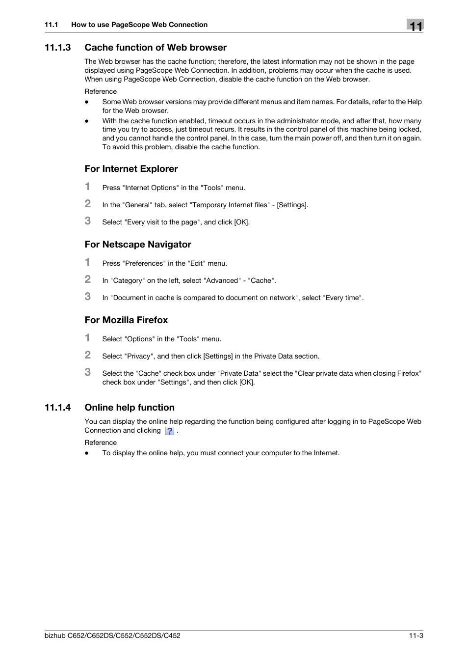 3 cache function of web browser, For internet explorer, For netscape navigator | For mozilla firefox, 4 online help function, Online help function -3 | Konica Minolta BIZHUB C652DS User Manual | Page 232 / 294