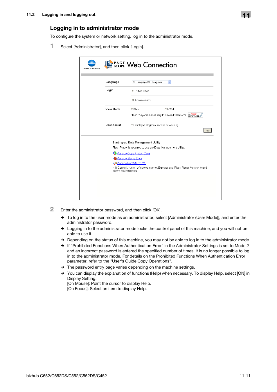 Logging in to administrator mode, Logging in to administrator mode -11 | Konica Minolta BIZHUB C652DS User Manual | Page 240 / 294