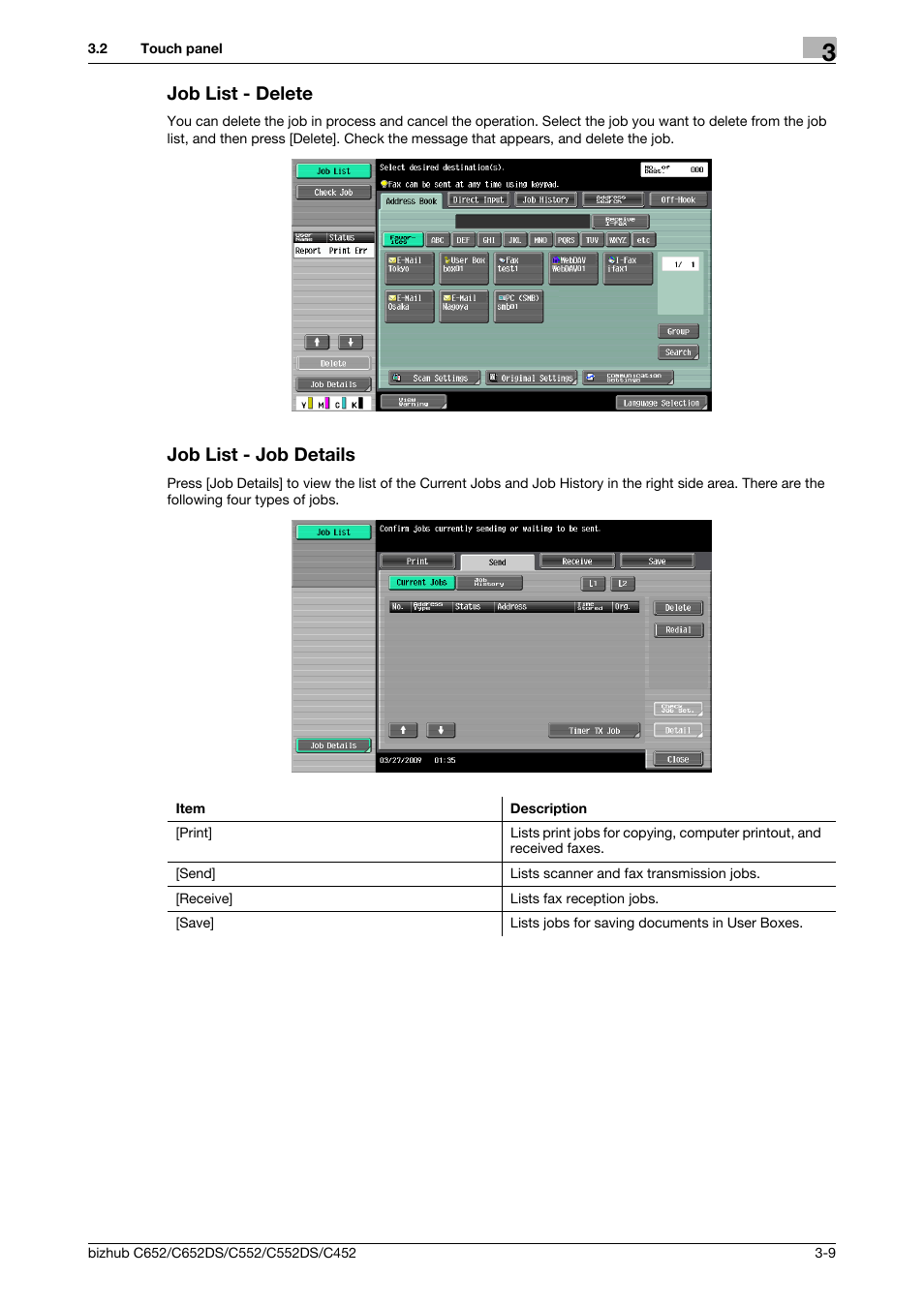 Job list - delete, Job list - job details, Job list - delete -9 job list - job details -9 | Konica Minolta BIZHUB C652DS User Manual | Page 35 / 294