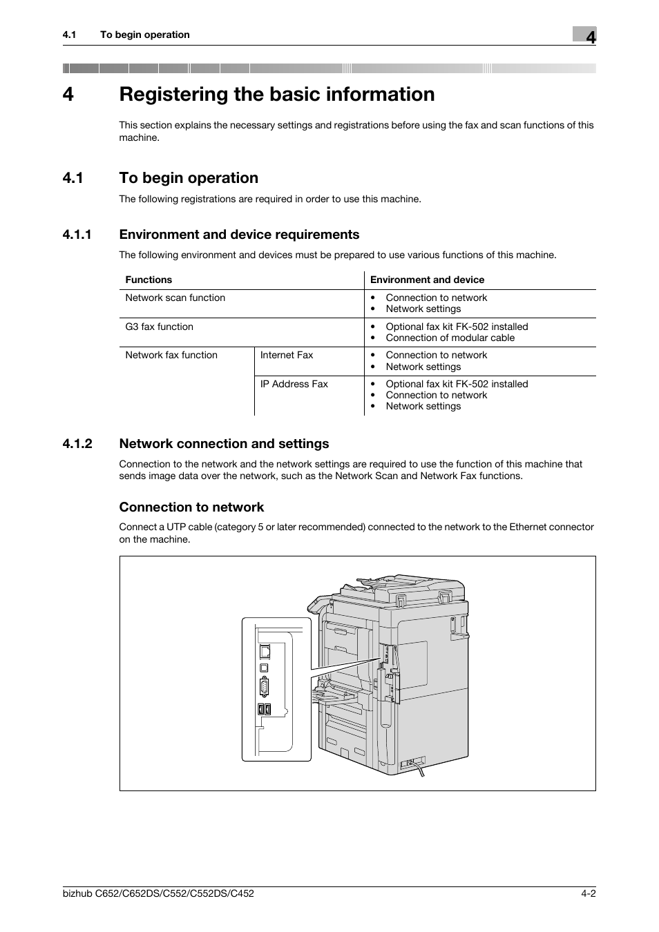 4 registering the basic information, 1 to begin operation, 1 environment and device requirements | 2 network connection and settings, Connection to network, Registering the basic information, To begin operation -2, Environment and device requirements -2, 4registering the basic information | Konica Minolta BIZHUB C652DS User Manual | Page 45 / 294