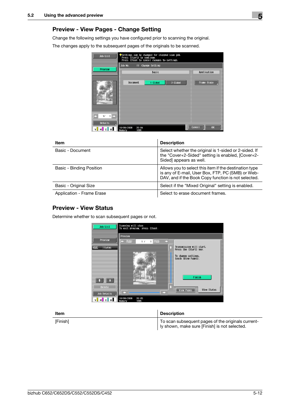 Preview - view status, Preview - view pages - change setting | Konica Minolta BIZHUB C652DS User Manual | Page 62 / 294