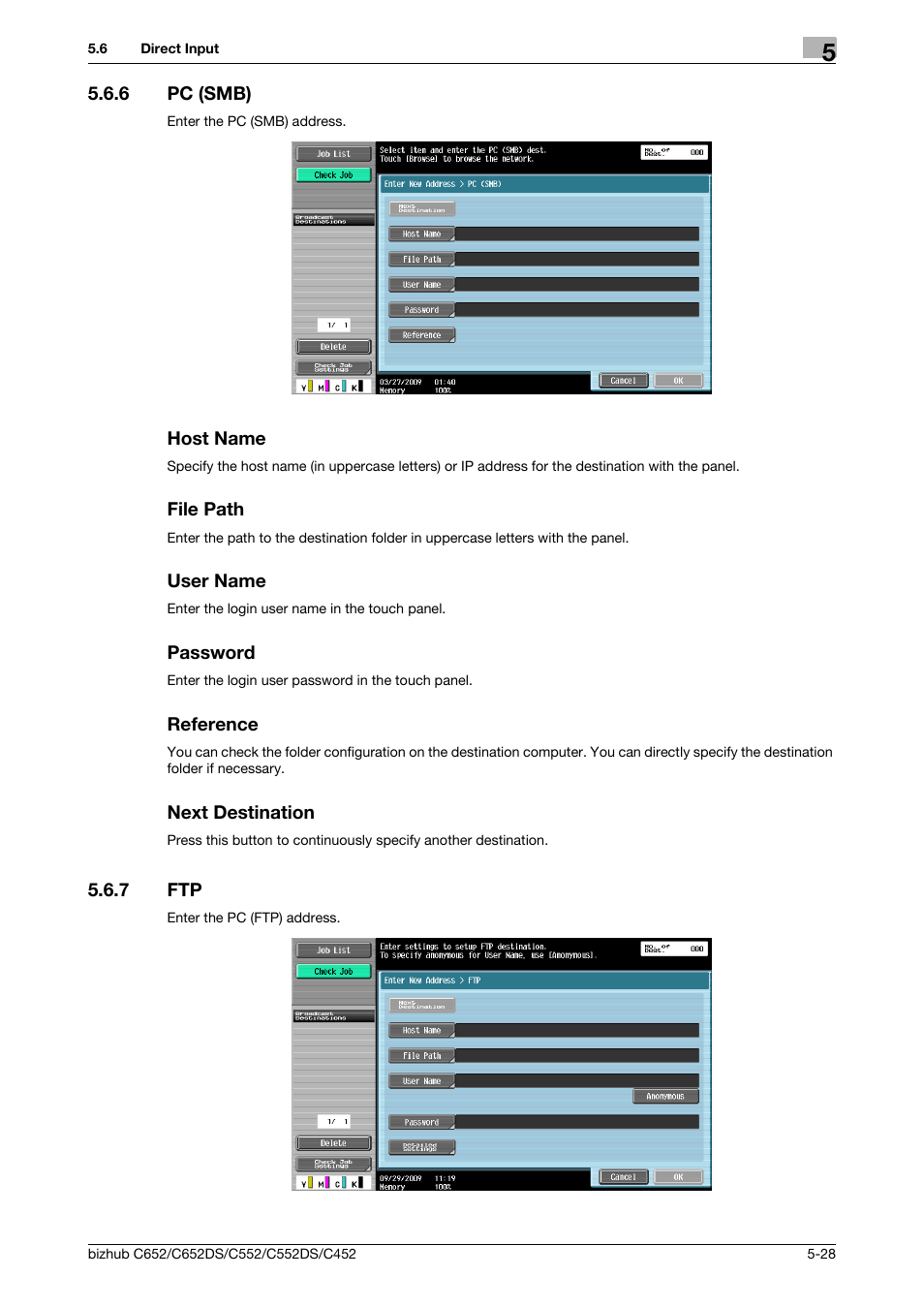 6 pc (smb), Host name, File path | User name, Password, Reference, Next destination, 7 ftp, Ftp -28, P. 5-28) | Konica Minolta BIZHUB C652DS User Manual | Page 78 / 294