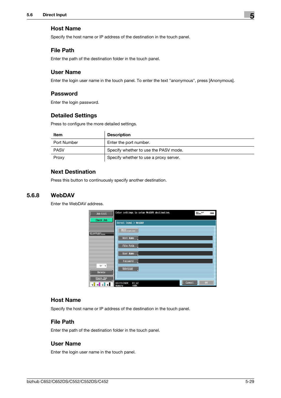 Host name, File path, User name | Password, Detailed settings, Next destination, 8 webdav, Webdav (p. 5-29) | Konica Minolta BIZHUB C652DS User Manual | Page 79 / 294