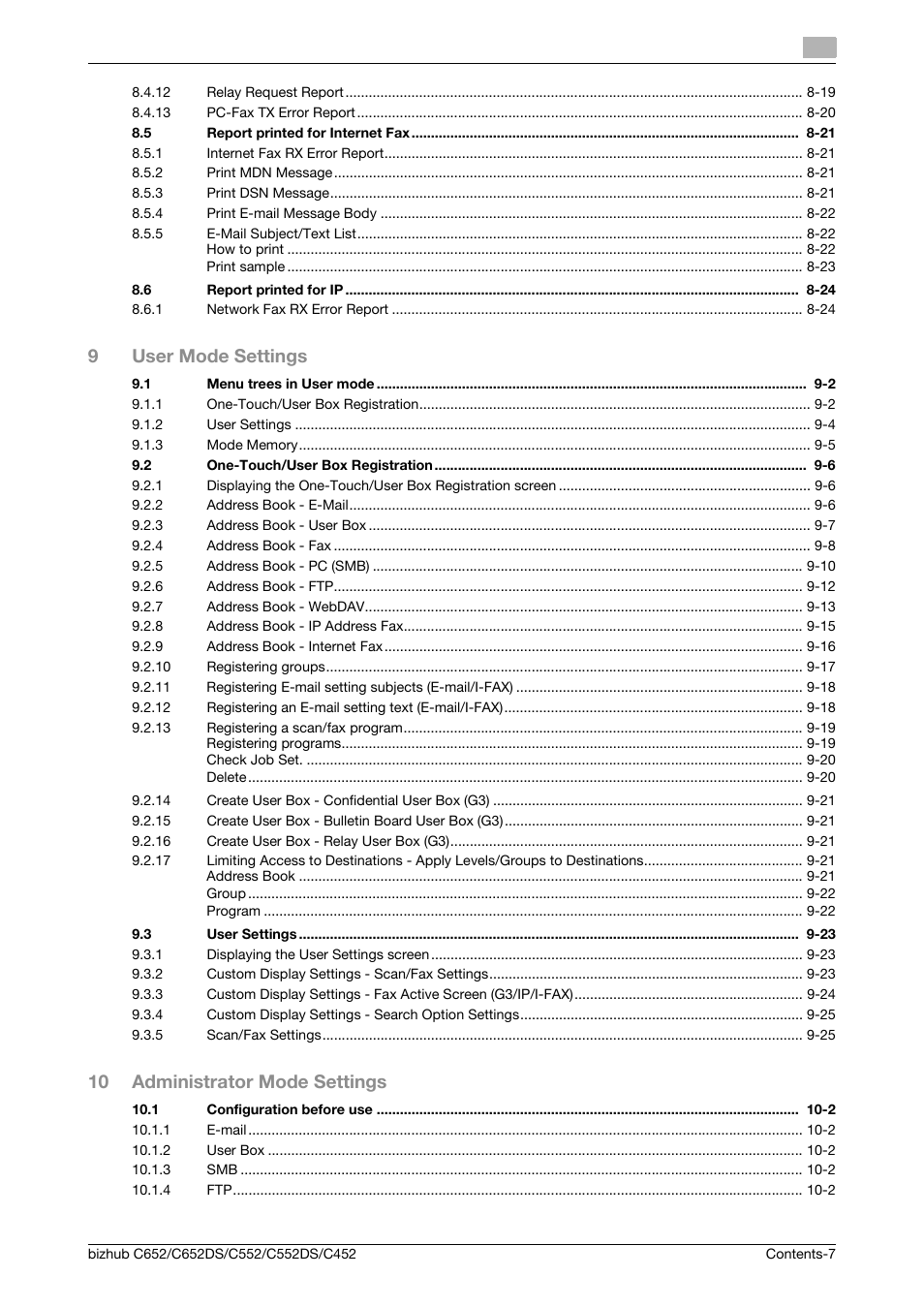 9user mode settings, 10 administrator mode settings | Konica Minolta BIZHUB C652DS User Manual | Page 8 / 294