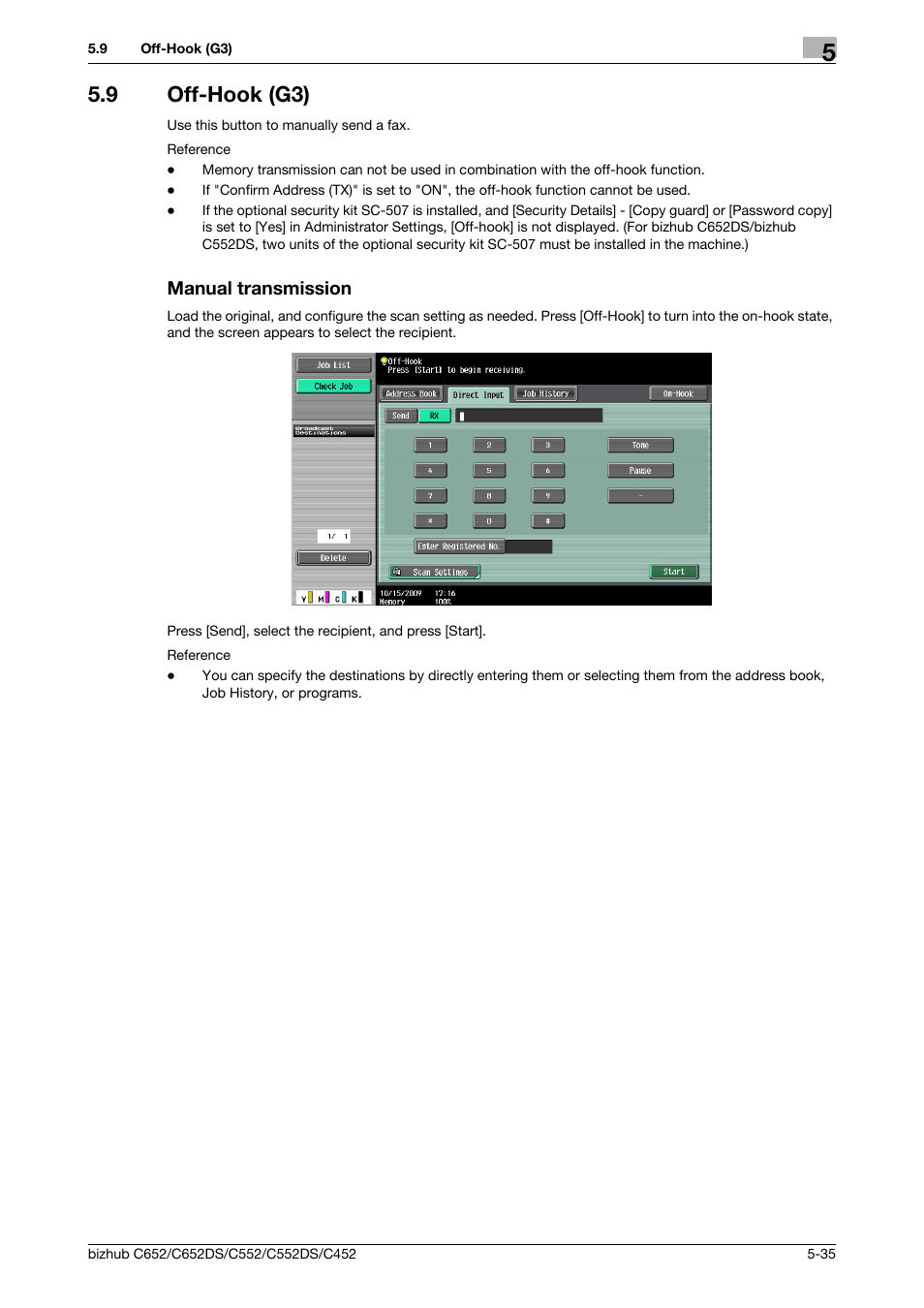9 off-hook (g3), Manual transmission, Off-hook (g3) -35 manual transmission -35 | P. 5-35 | Konica Minolta BIZHUB C652DS User Manual | Page 85 / 294