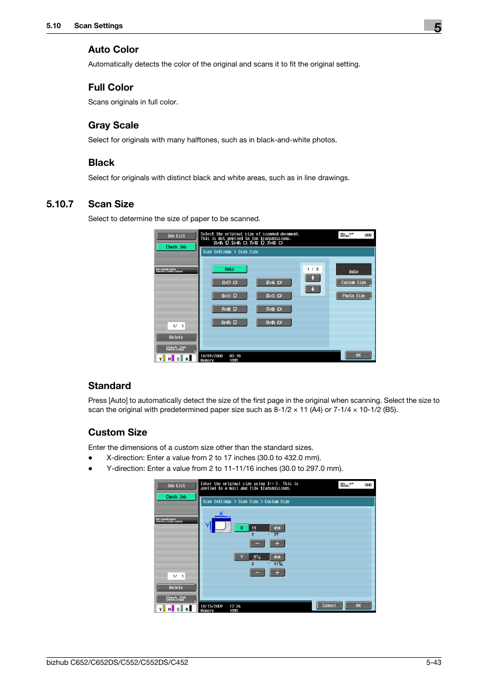 Auto color, Full color, Gray scale | Black, 7 scan size, Standard, Custom size, Scan size -43 standard -43 custom size -43, Scan size (p. 5-43) | Konica Minolta BIZHUB C652DS User Manual | Page 93 / 294