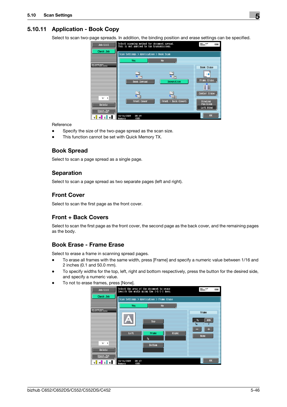 11 application - book copy, Book spread, Separation | Front cover, Front + back covers, Book erase - frame erase, P. 5-46) | Konica Minolta BIZHUB C652DS User Manual | Page 96 / 294