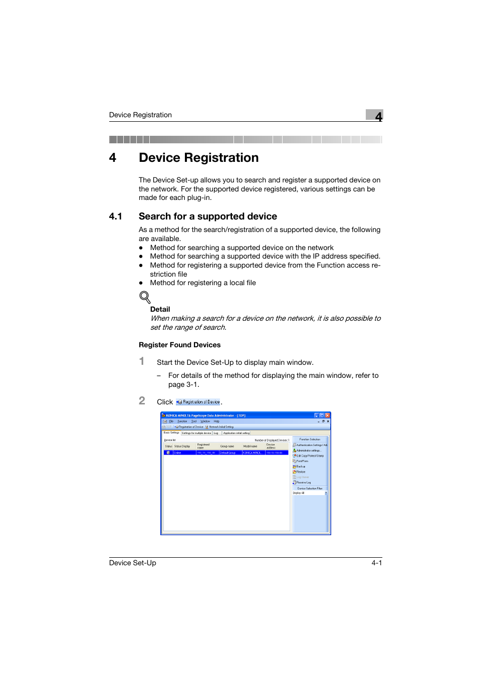 4 device registration, 1 search for a supported device, Register found devices | Device registration, Search for a supported device -1, Register found devices -1, 4device registration | Konica Minolta Biznub Series User Manual | Page 20 / 67