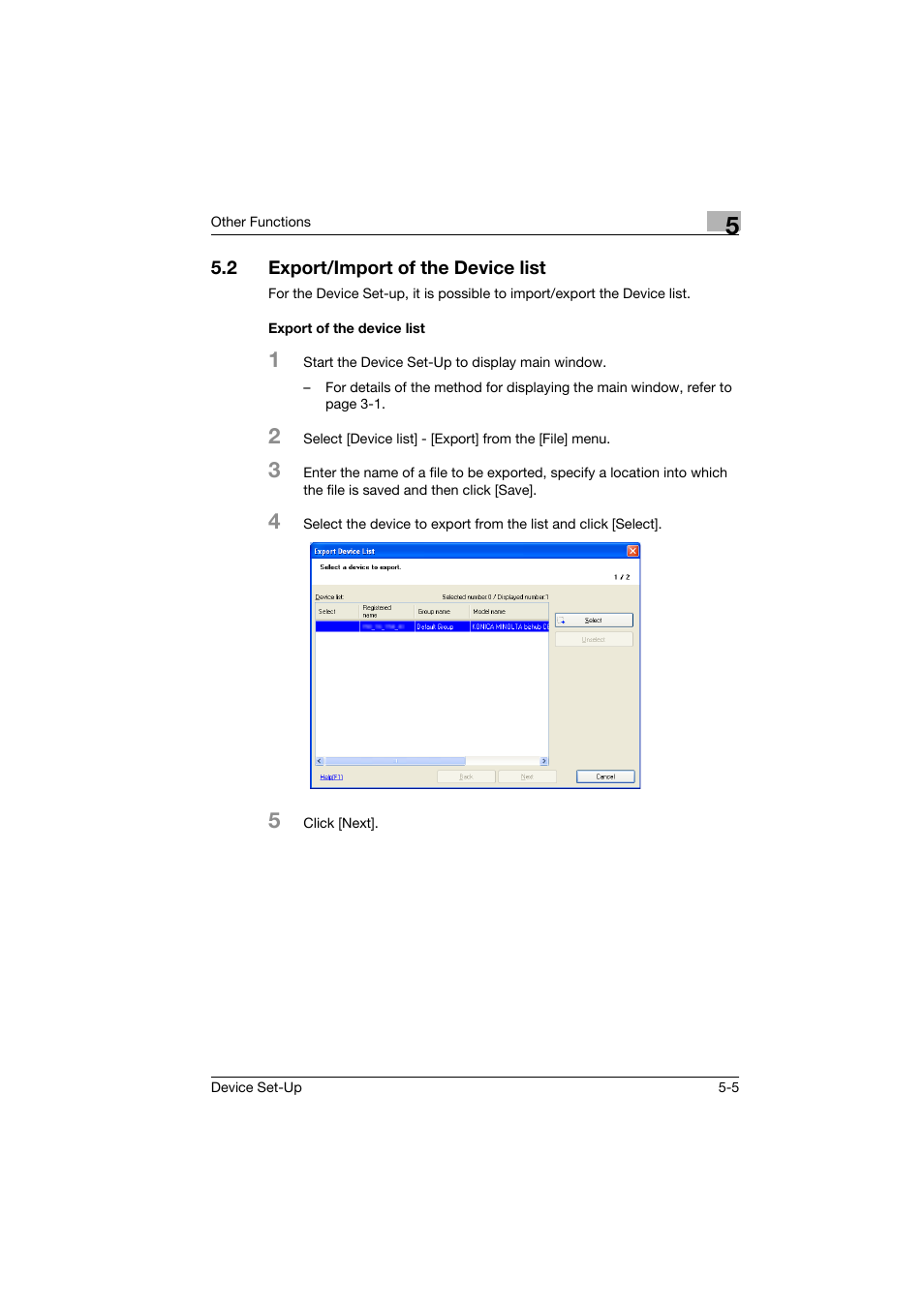 2 export/import of the device list, Export of the device list, Export/import of the device list -5 | Export of the device list -5 | Konica Minolta Biznub Series User Manual | Page 41 / 67