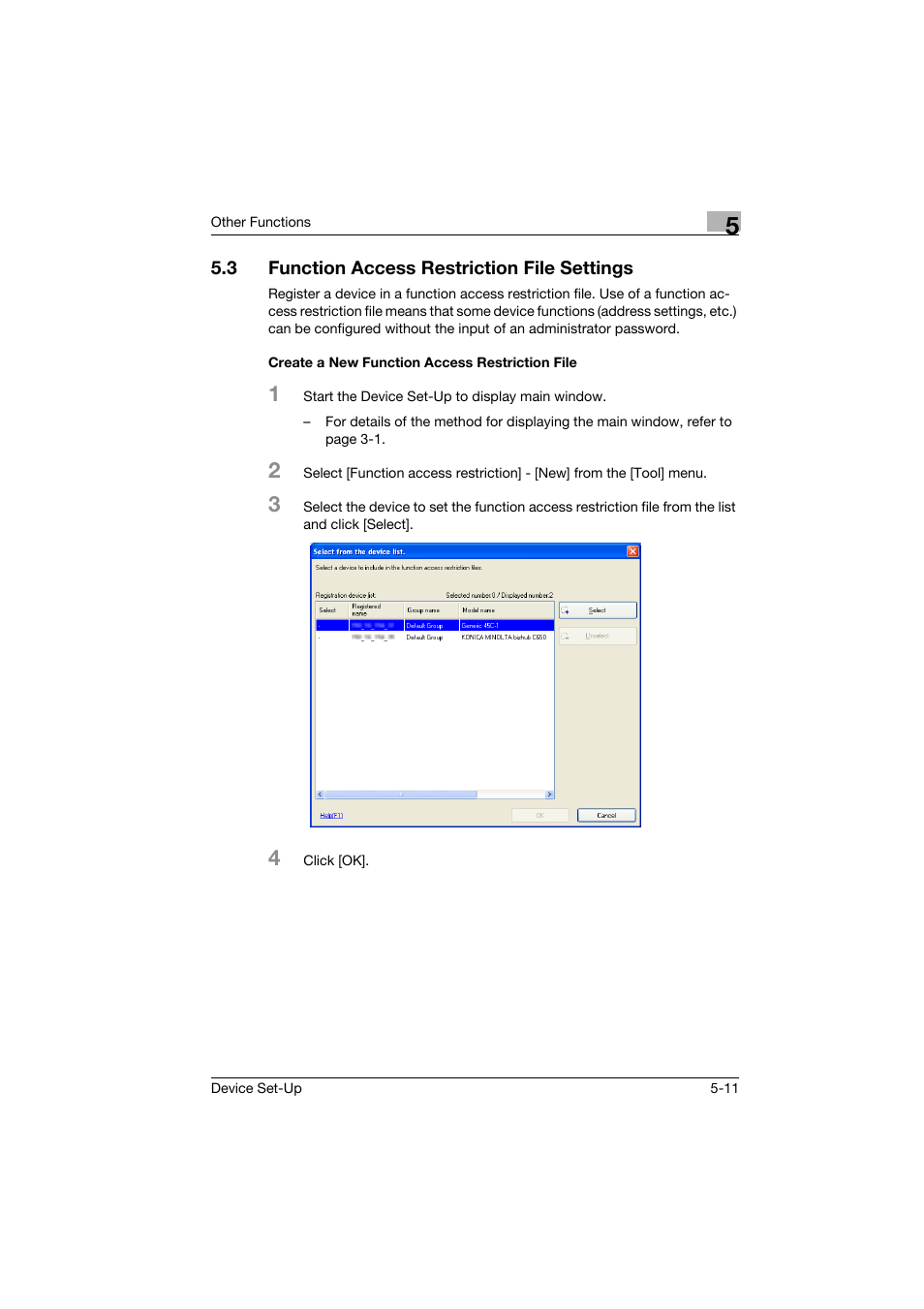 3 function access restriction file settings, Create a new function access restriction file, Function access restriction file settings -11 | Create a new function access restriction file -11 | Konica Minolta Biznub Series User Manual | Page 47 / 67