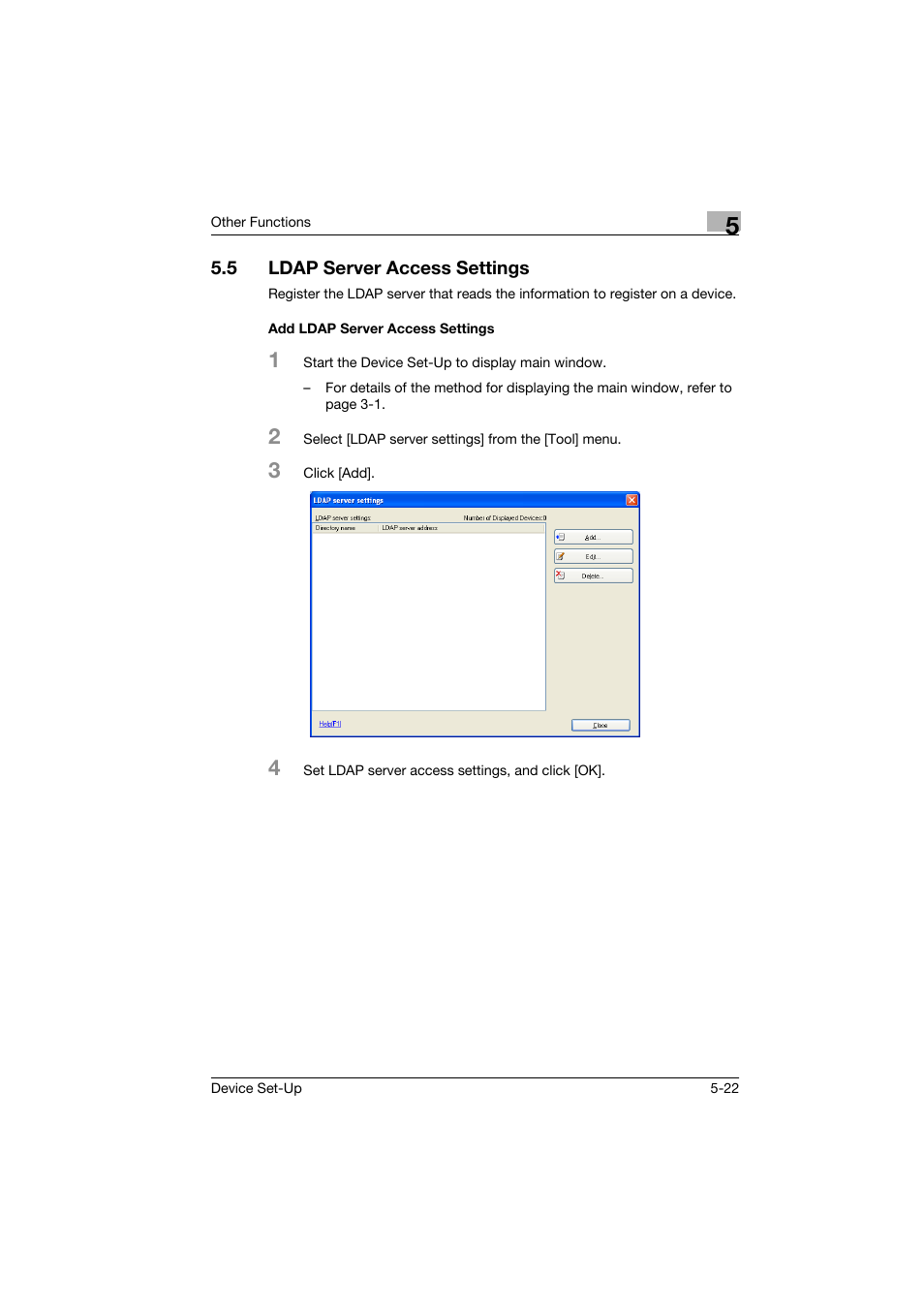 5 ldap server access settings, Add ldap server access settings, Ldap server access settings -22 | Add ldap server access settings -22 | Konica Minolta Biznub Series User Manual | Page 58 / 67