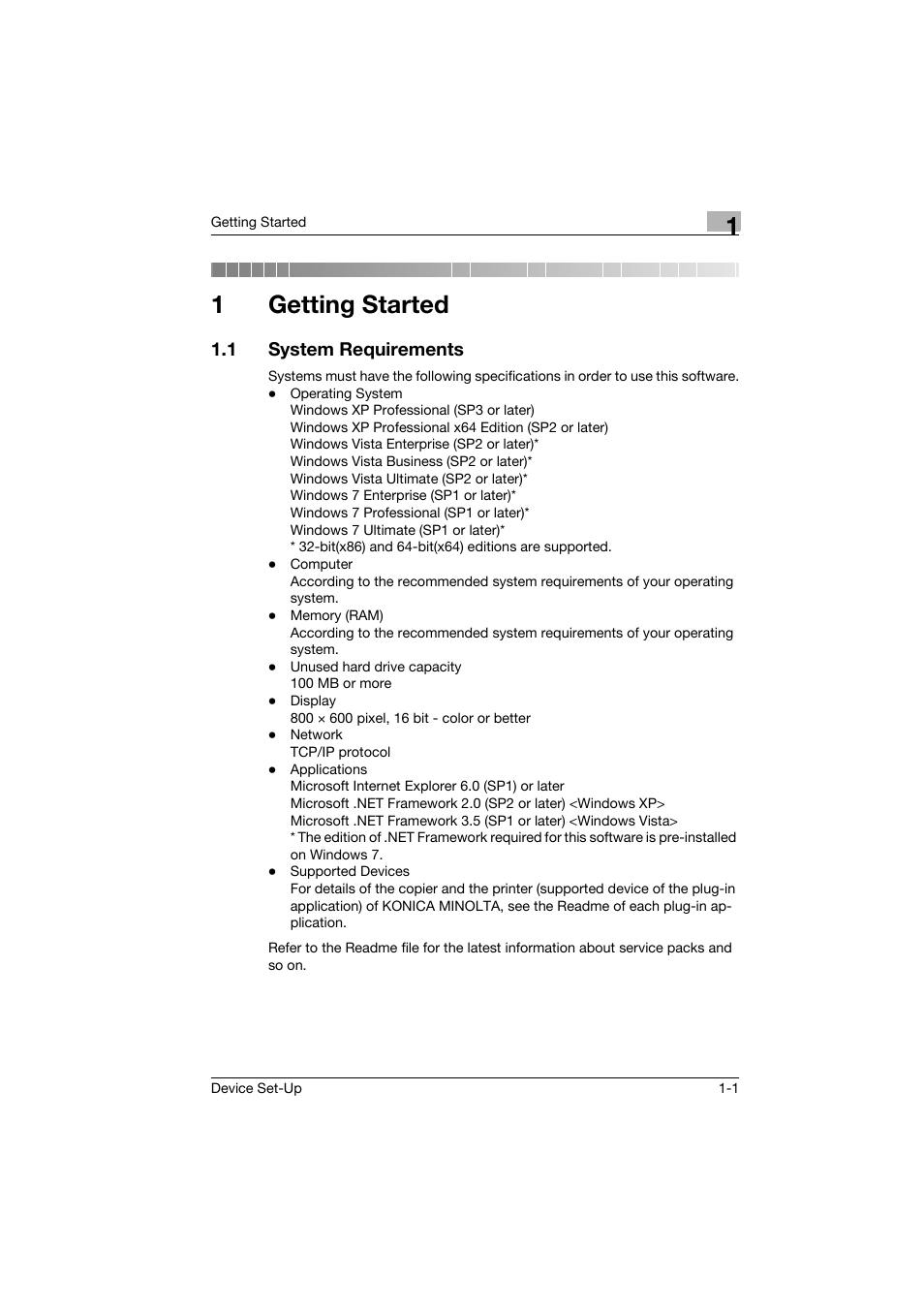 1 getting started, 1 system requirements, Getting started | System requirements -1, 1getting started | Konica Minolta Biznub Series User Manual | Page 6 / 67