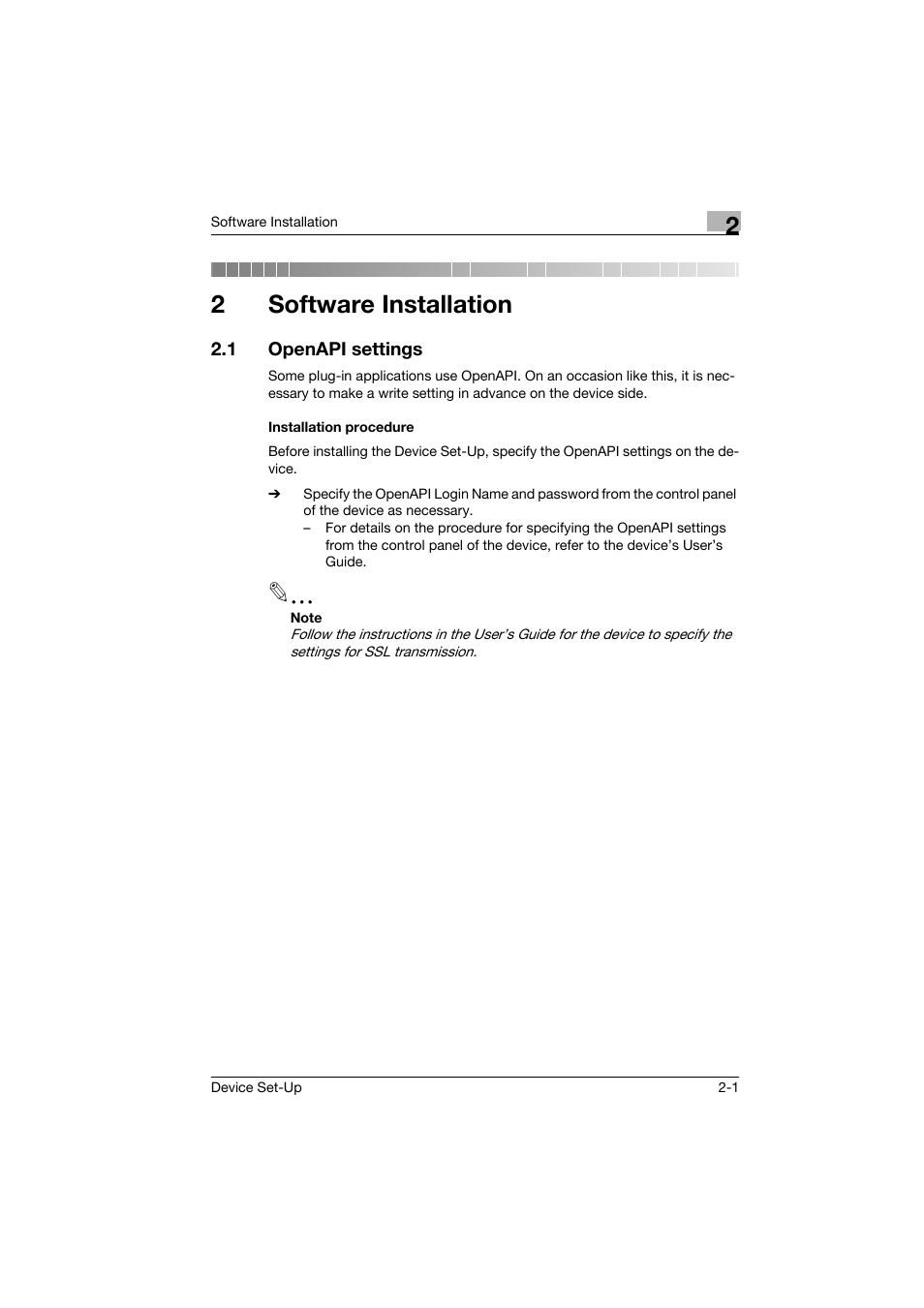 2 software installation, 1 openapi settings, Installation procedure | Software installation, Openapi settings -1, Installation procedure -1, 2software installation | Konica Minolta Biznub Series User Manual | Page 8 / 67