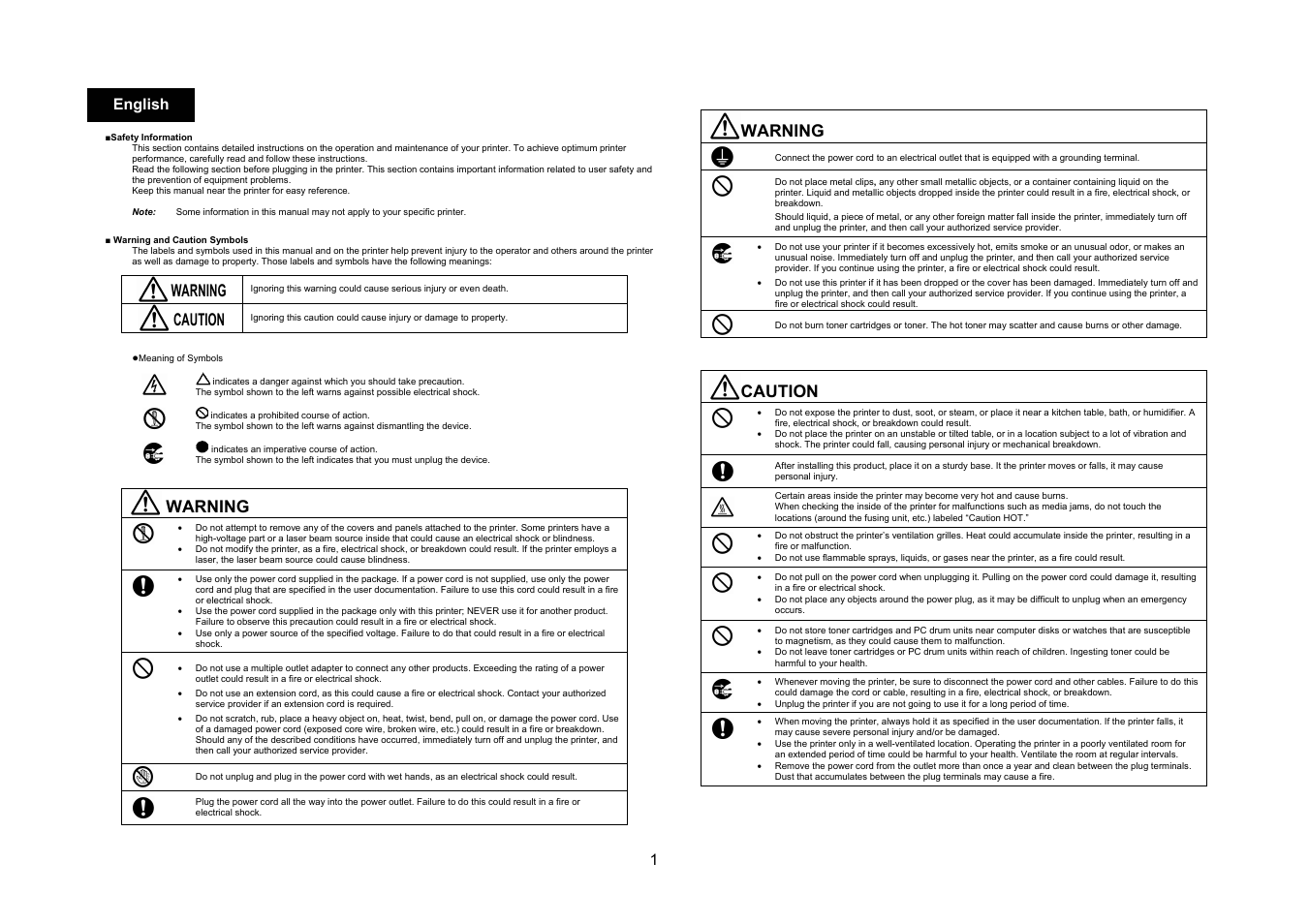 Warning, Caution, 1english | Konica Minolta magicolor 3730DN User Manual | Page 2 / 48