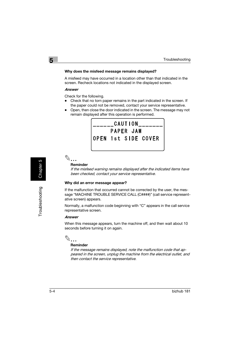 Why does the misfeed message remains displayed, Why did an error message appear | Konica Minolta bizhub 181 User Manual | Page 139 / 144