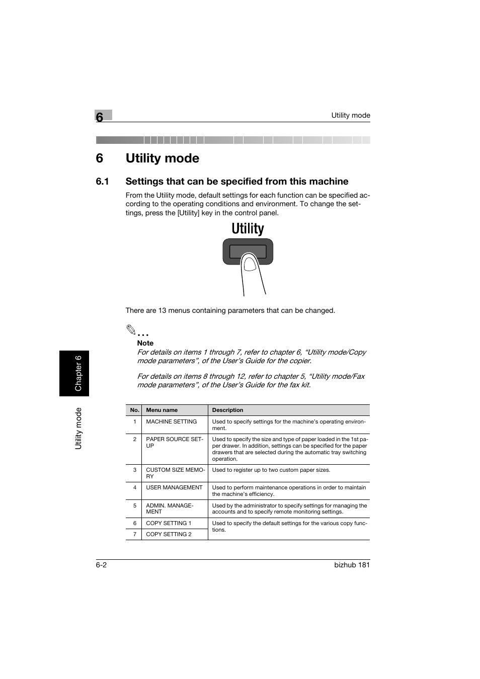 6 utility mode, 1 settings that can be specified from this machine, Utility mode | 6utility mode | Konica Minolta bizhub 181 User Manual | Page 141 / 144