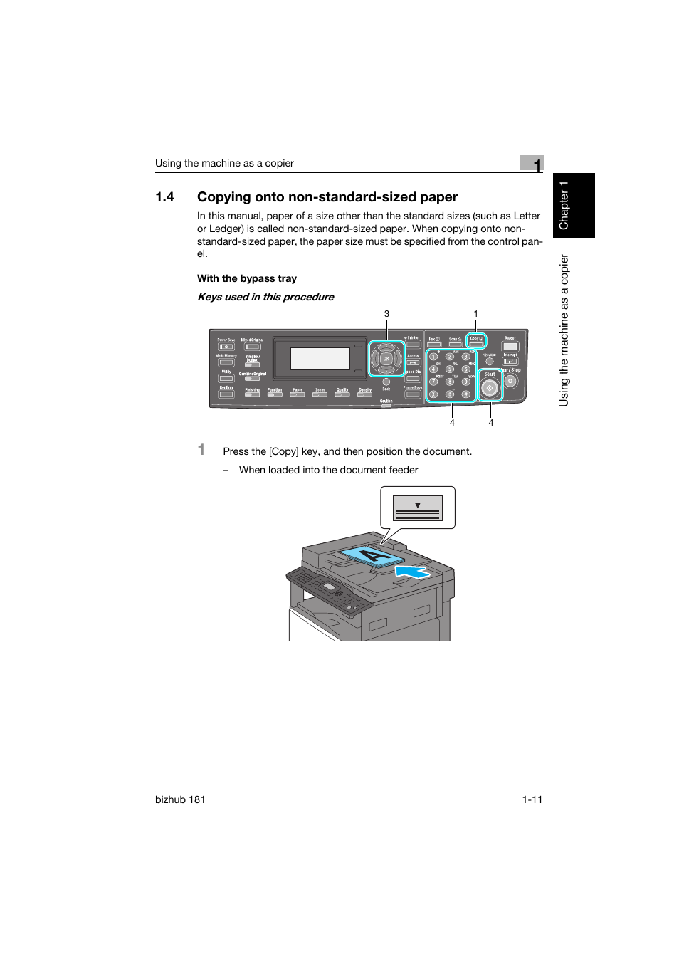 4 copying onto non-standard-sized paper, With the bypass tray, Copying onto non-standard-sized paper -11 | With the bypass tray -11 | Konica Minolta bizhub 181 User Manual | Page 50 / 144