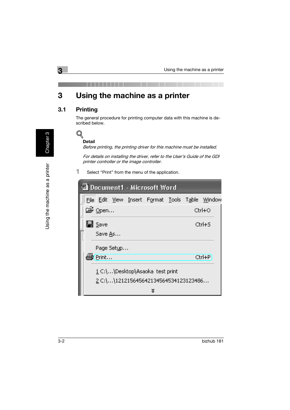 3 using the machine as a printer, 1 printing, Using the machine as a printer | Printing -2, 3using the machine as a printer | Konica Minolta bizhub 181 User Manual | Page 89 / 144