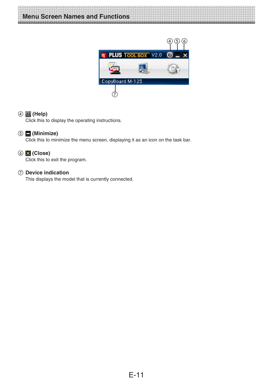 E-11, Menu screen names and functions | Konica Minolta magicolor plus User Manual | Page 11 / 28