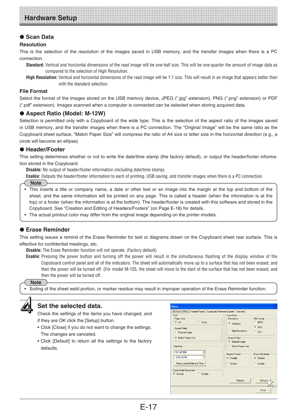 E-17, Hardware setup, Set the selected data | Konica Minolta magicolor plus User Manual | Page 17 / 28