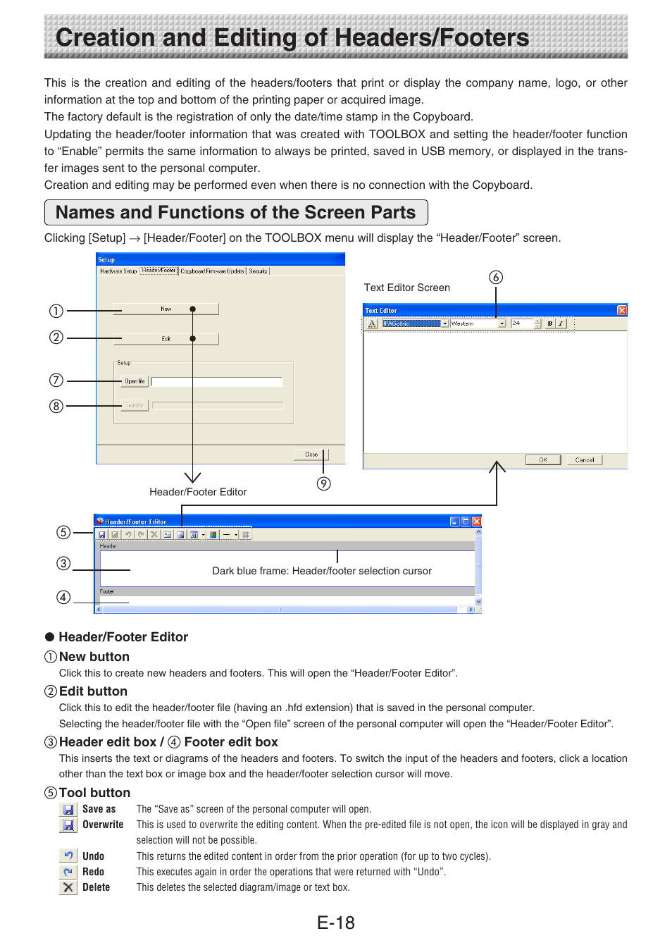 Creation and editing of headers/footers, Names and functions of the screen parts, E-18 | Konica Minolta magicolor plus User Manual | Page 18 / 28