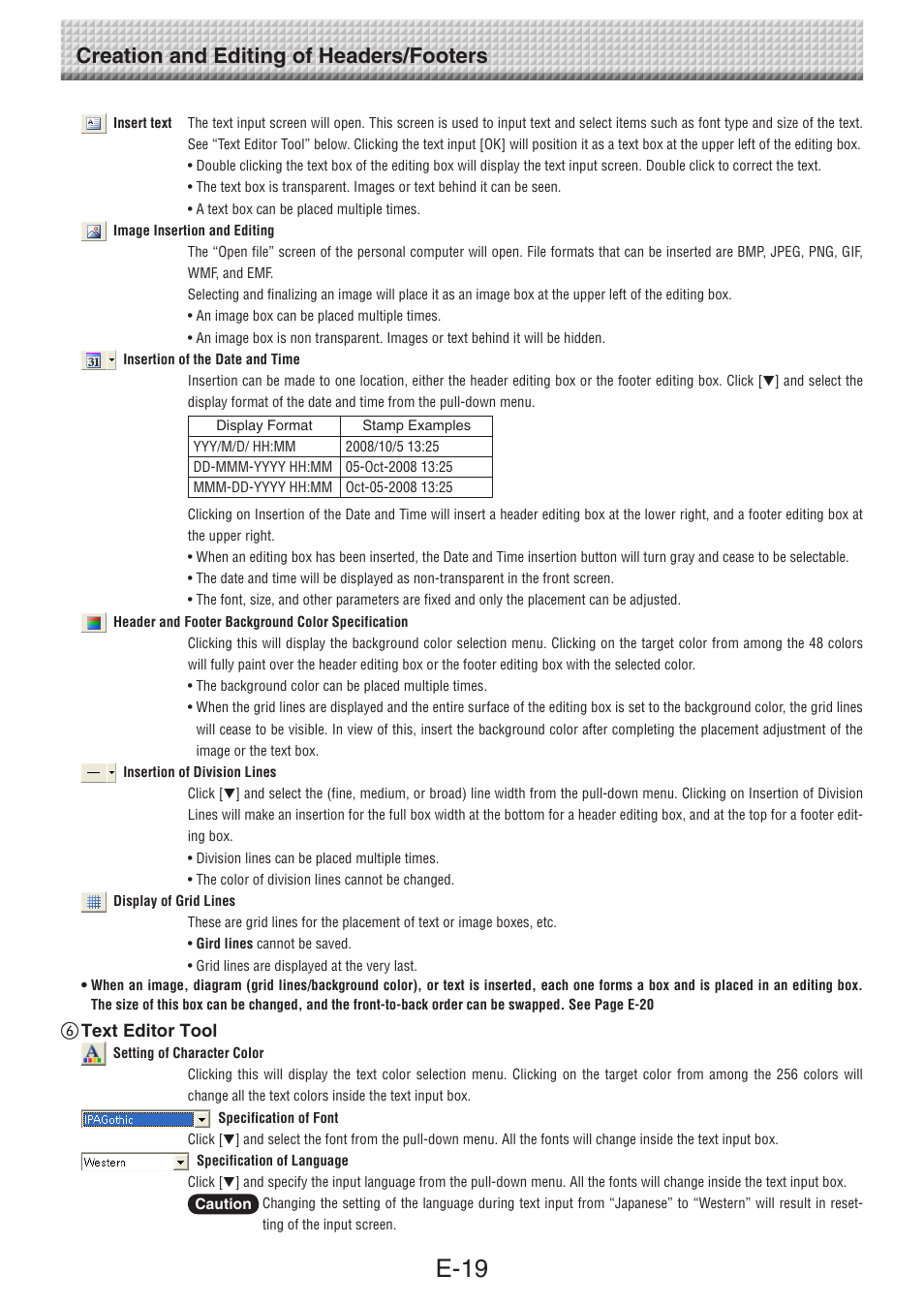E-19, Creation and editing of headers/footers, Text editor tool | Konica Minolta magicolor plus User Manual | Page 19 / 28
