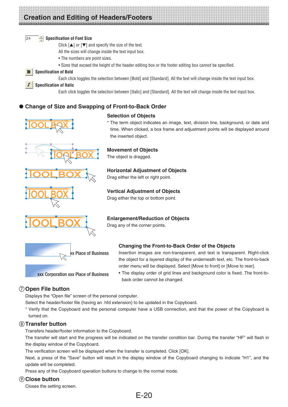 E-20, Creation and editing of headers/footers | Konica Minolta magicolor plus User Manual | Page 20 / 28