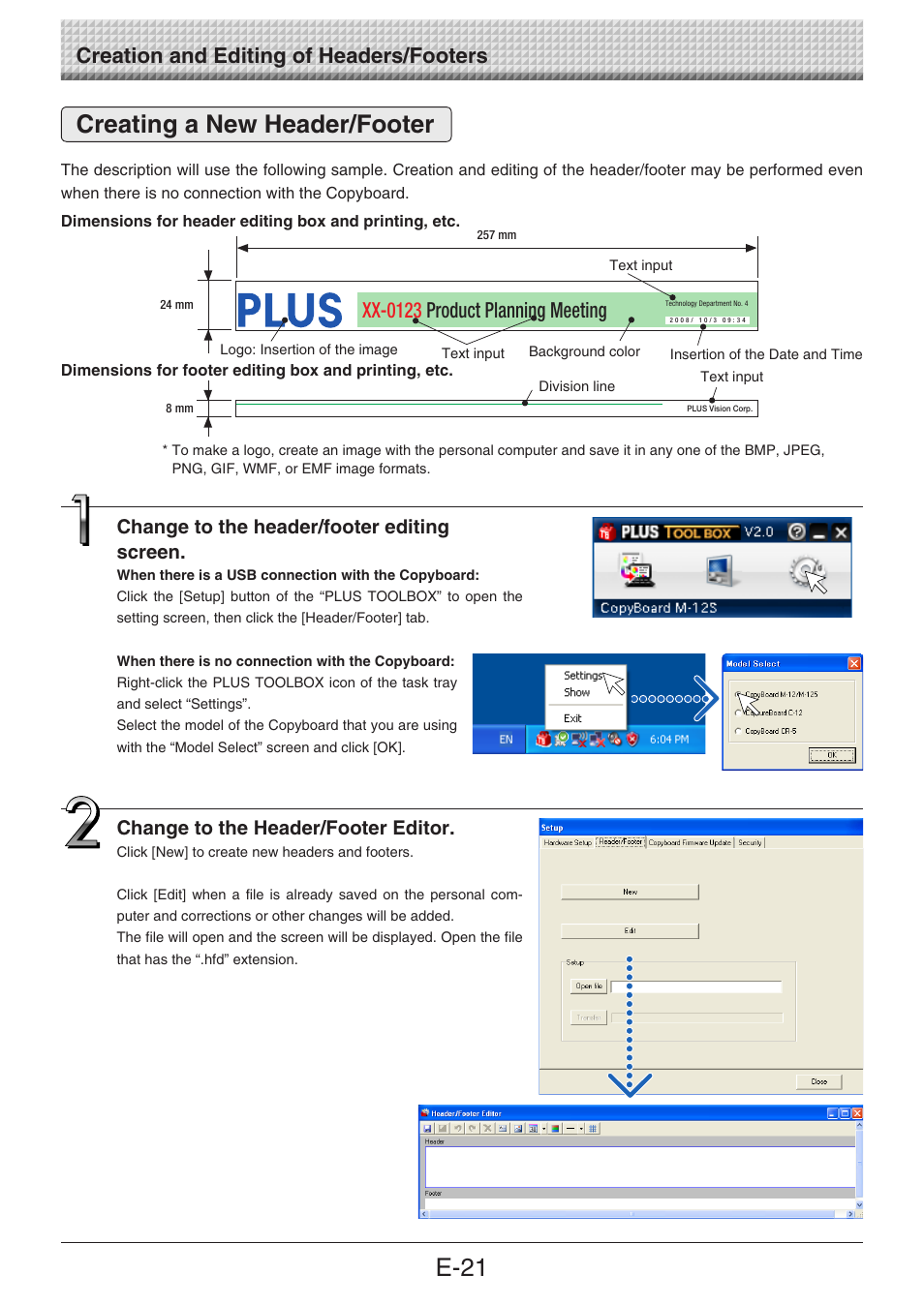 Creating a new header/footer, E-21, Creation and editing of headers/footers | Xx-0123 product planning meeting, Change to the header/footer editing screen, Change to the header/footer editor | Konica Minolta magicolor plus User Manual | Page 21 / 28