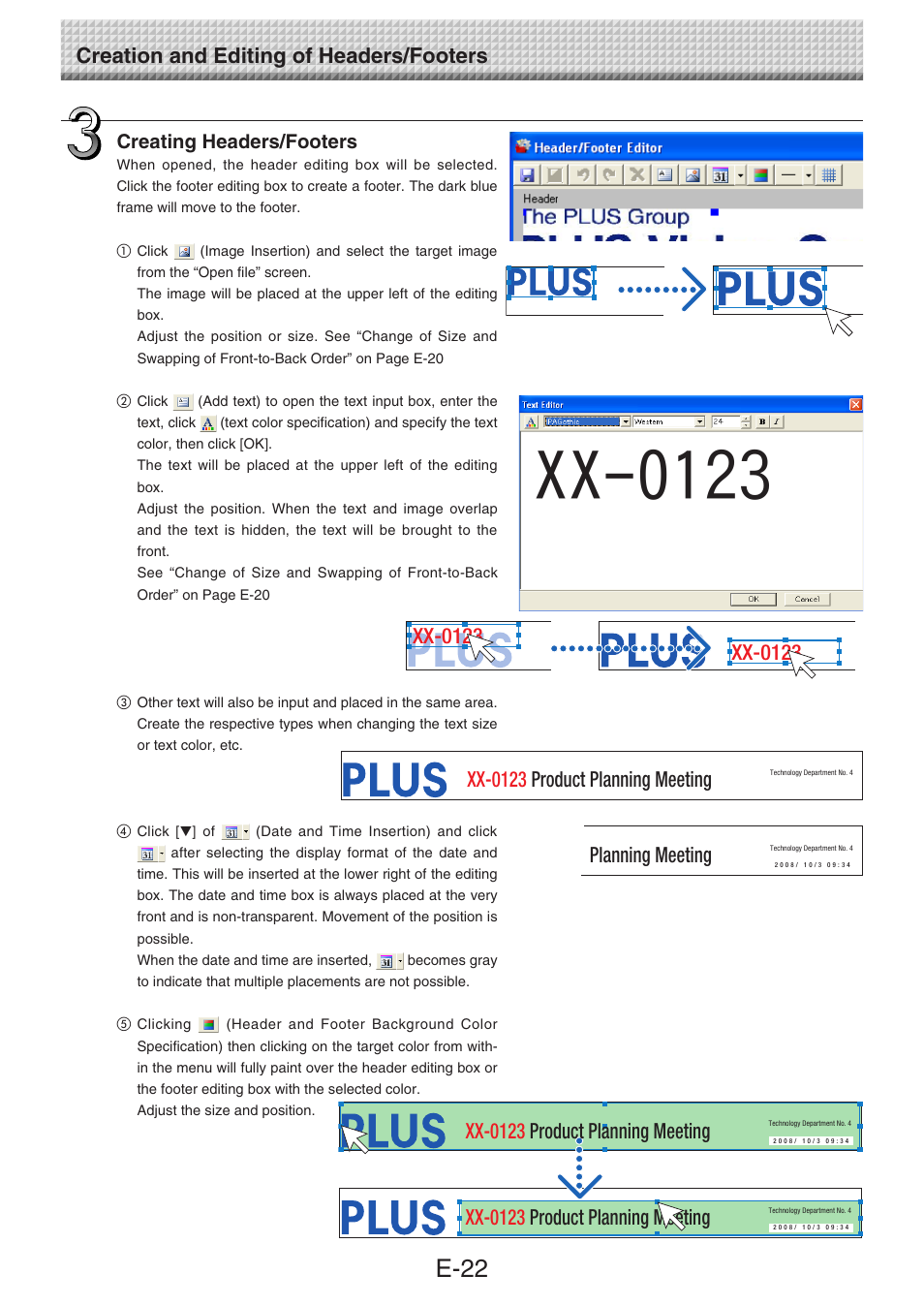 E-22, Xx-0123, Xx-0123 product planning meeting | Planning meeting, Creating headers/footers | Konica Minolta magicolor plus User Manual | Page 22 / 28